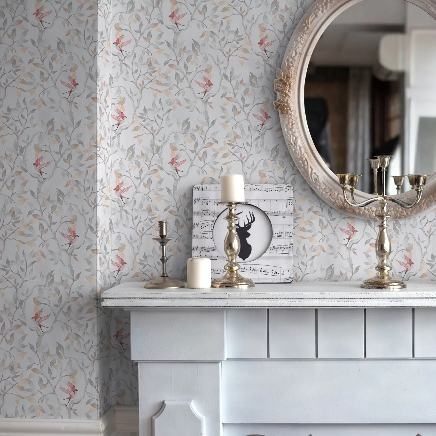 fotószőnyeg Könnyű ágak levelekkel és madarakkal barack színben a00716