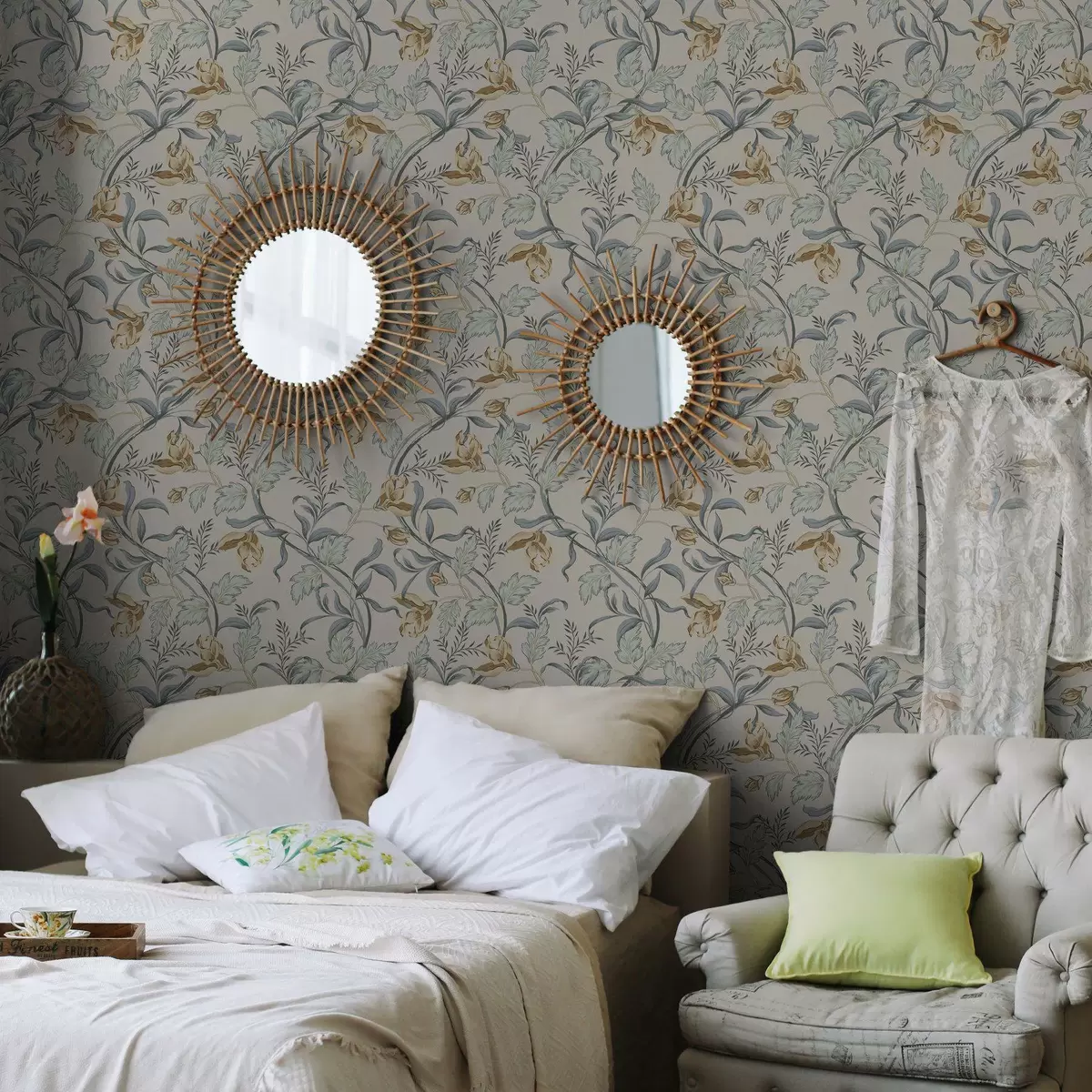 Háttérkép Vintage virágok kék levelekkel krém színű háttérrel a00717