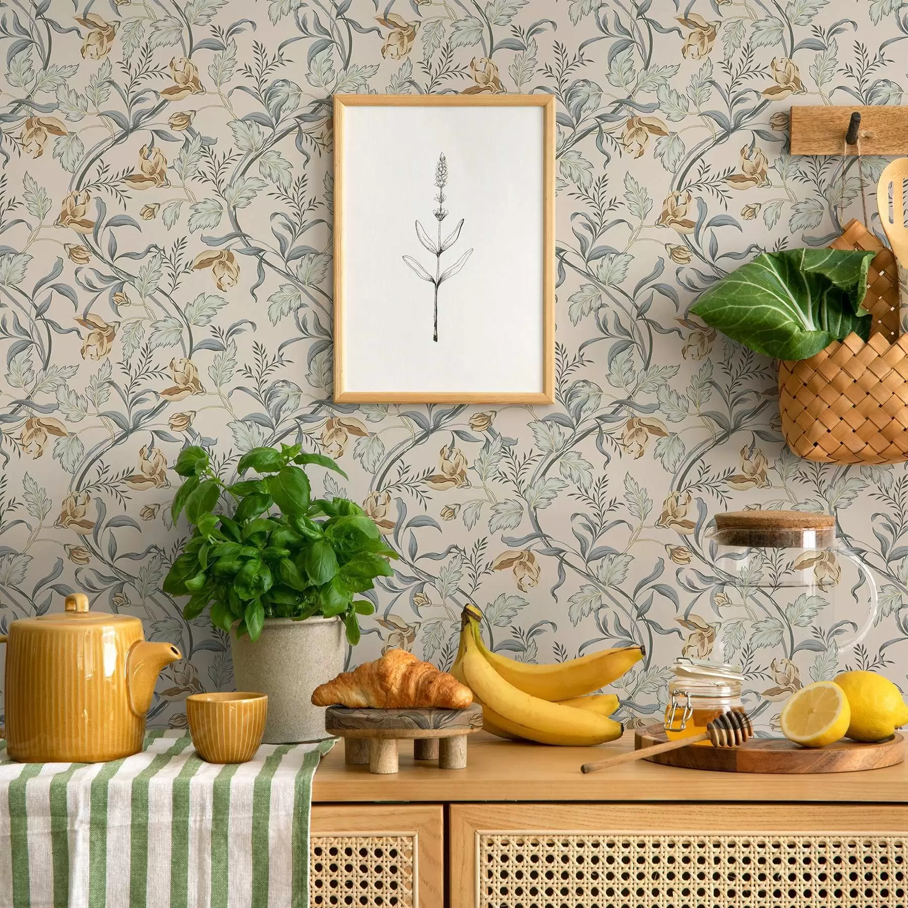 fotószőnyeg Vintage virágok kék levelekkel krém színű háttérrel a00717