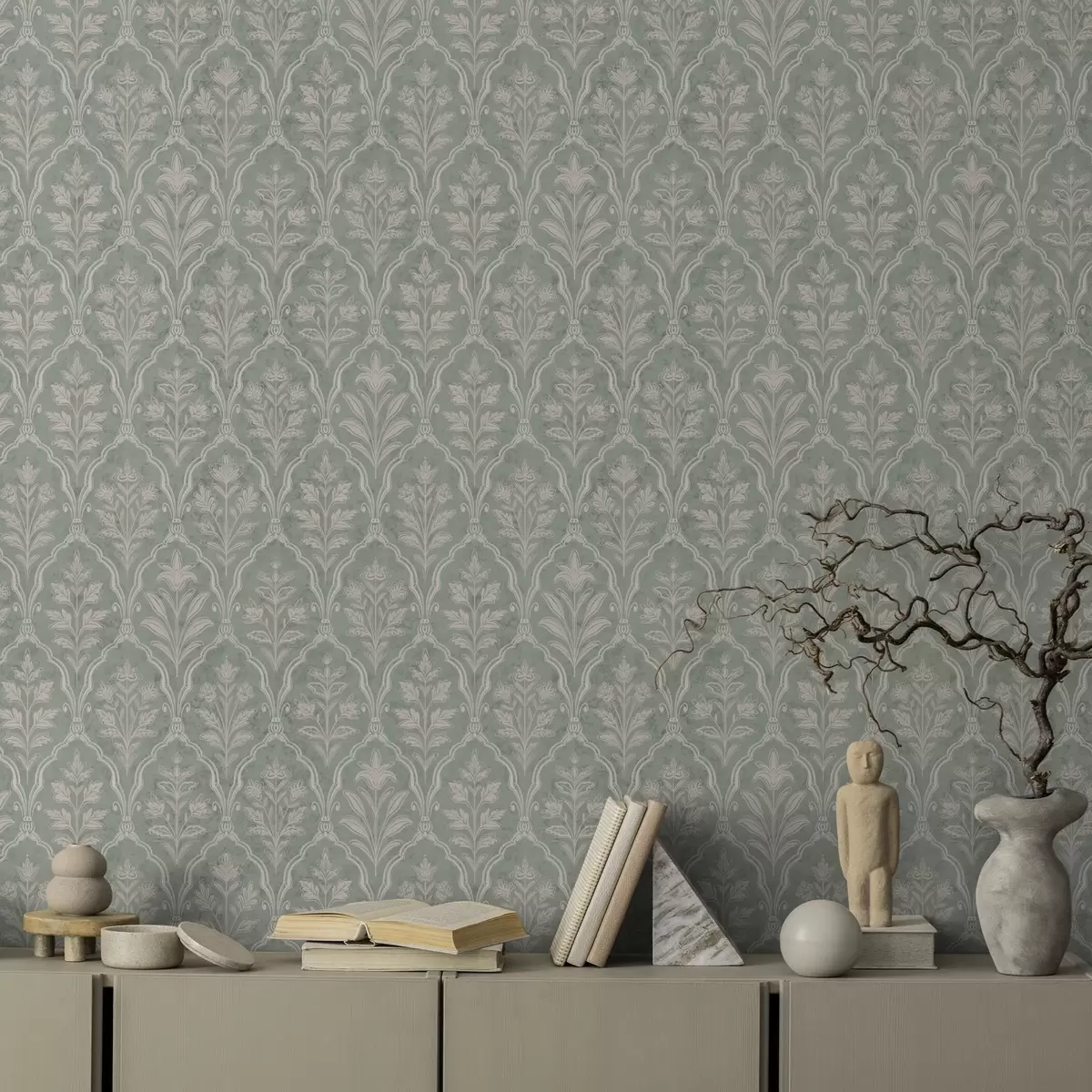 Háttérkép Mentás damaszt finom virágos medálokkal a00741