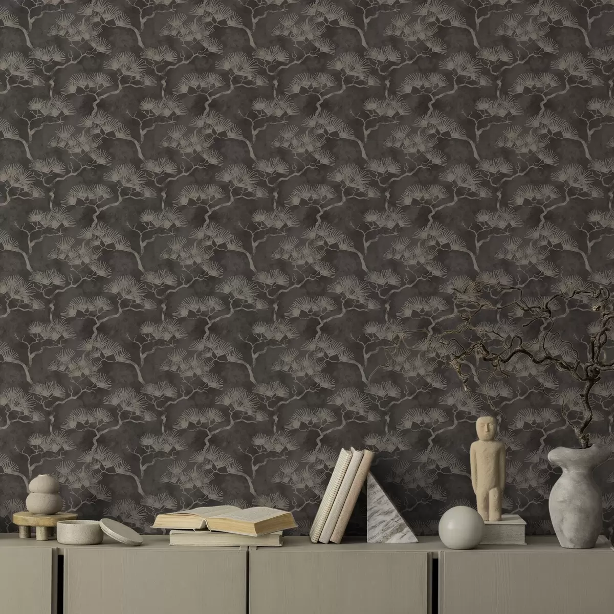 Háttérkép Sötét háttér előtt látható fenyőfa sziluettek, ködös textúra a00742