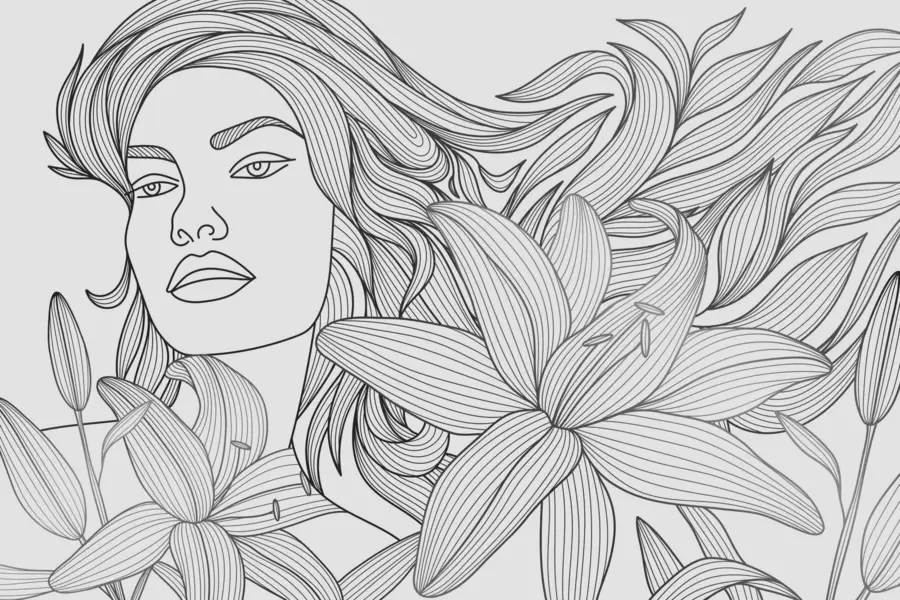 fotószőnyeg Liliomvirágok között álló lány portréja w04689