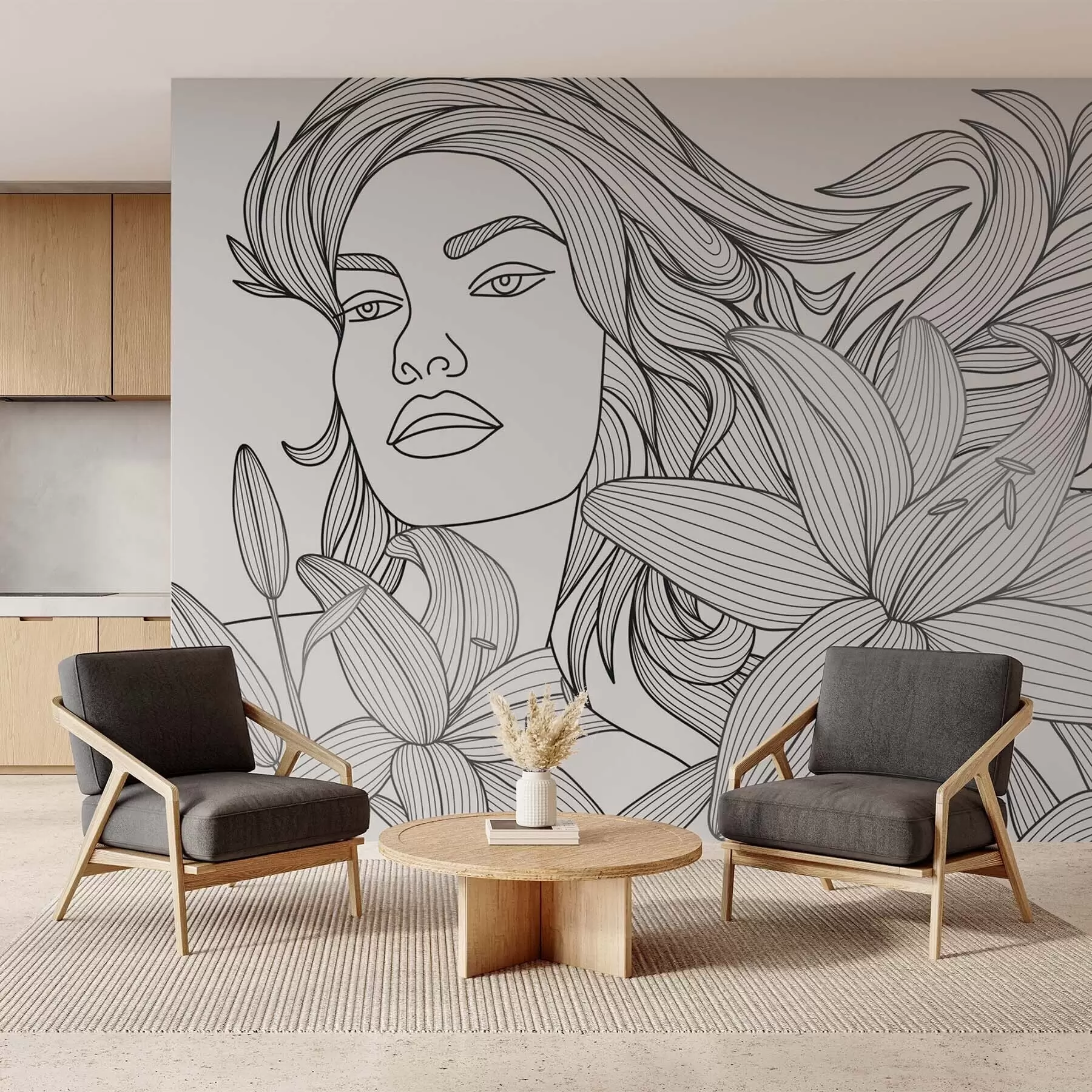 fotószőnyeg Liliomvirágok között álló lány portréja w04689