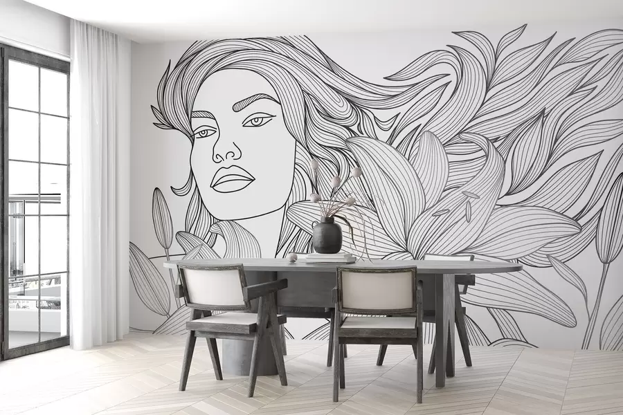 fotószőnyeg Liliomvirágok között álló lány portréja w04689