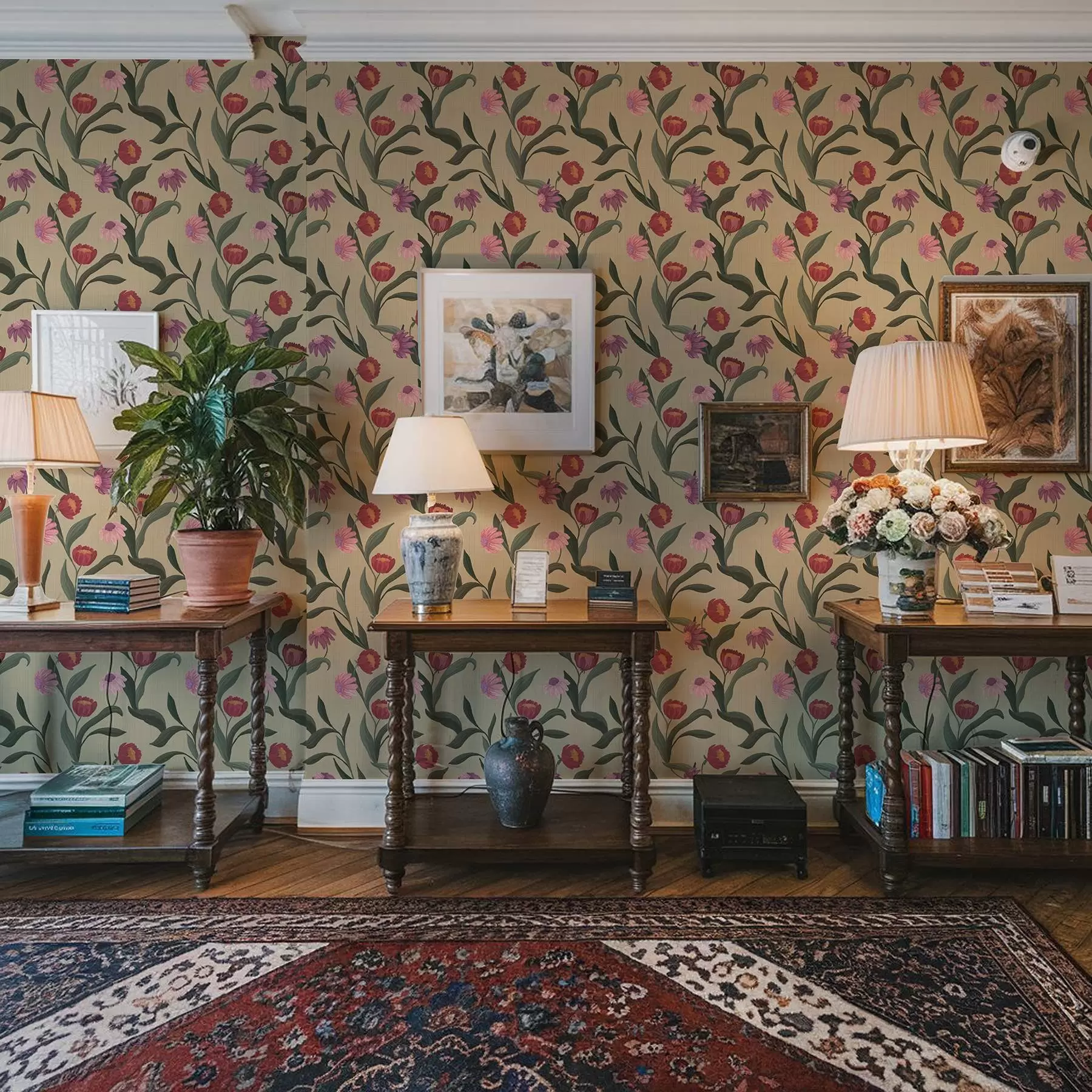 fotószőnyeg Rózsaszín-vörös virágok bézs háttérrel, kézzel rajzolt textúra a00631