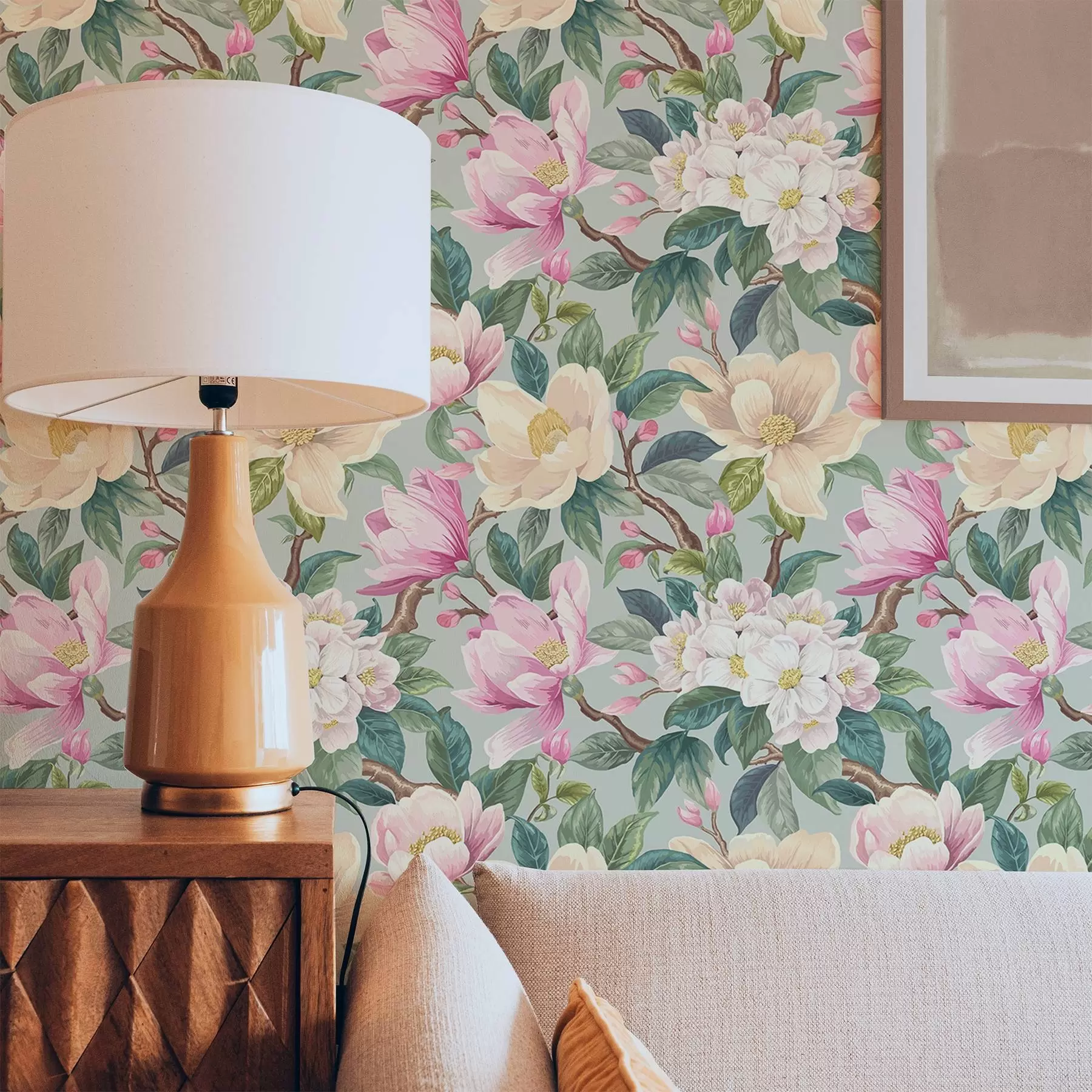 fotószőnyeg Magnóliák és fehér virágok mentaszürke háttér előtt a00644