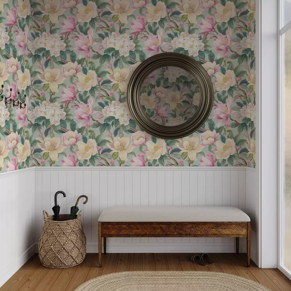 Háttérkép Magnóliák és fehér virágok mentaszürke háttér előtt a00644