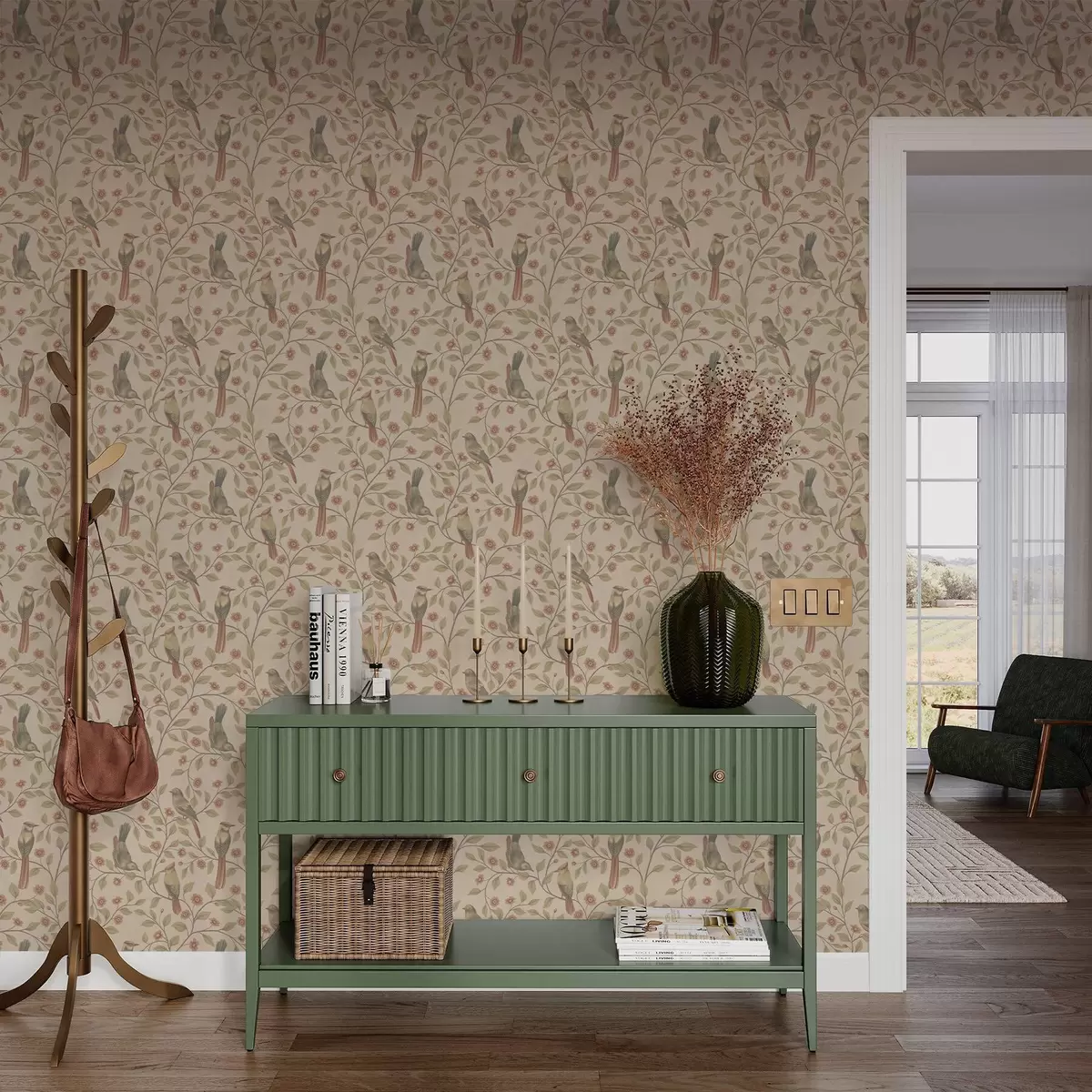 Háttérkép Madarak virágzó ágakon, meleg bézs háttérrel a00670