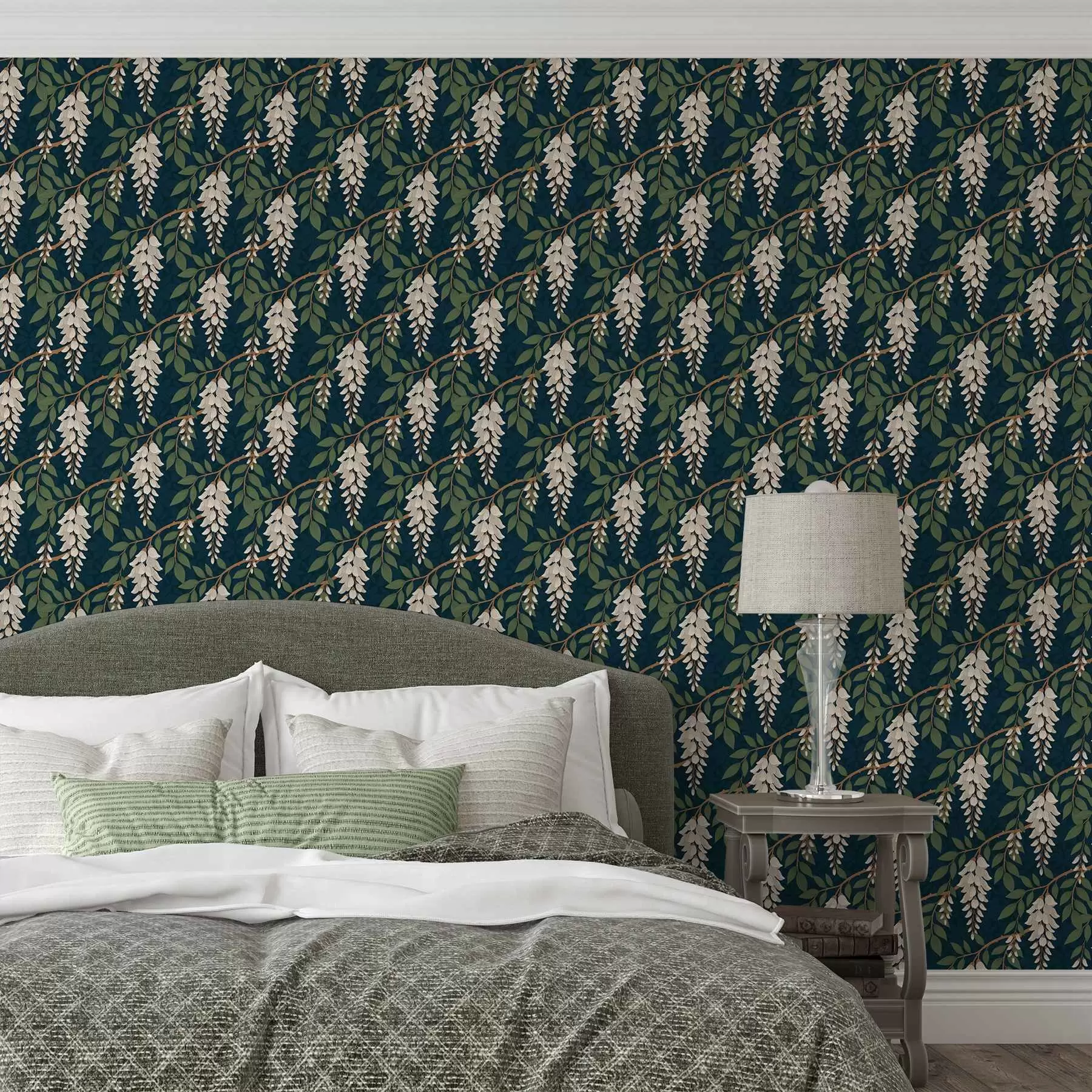 fotószőnyeg Elefántcsontszínű wisteria mélyzöld háttér előtt a00694v1