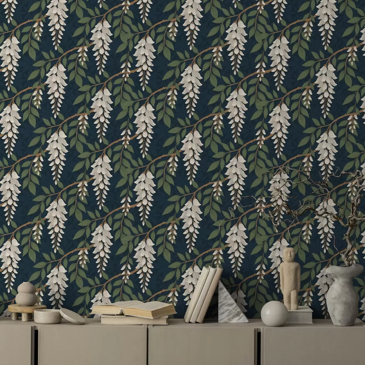 Háttérkép Elefántcsontszínű wisteria mélyzöld háttér előtt a00694v1