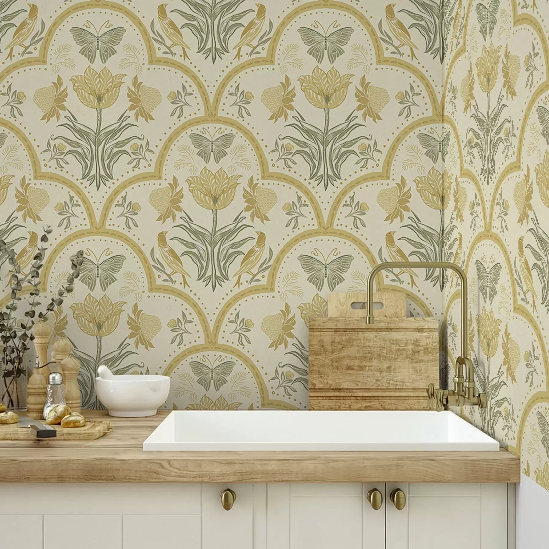 fotószőnyeg Tulipán, madarak és pillangók díszítéssel, okker a00722