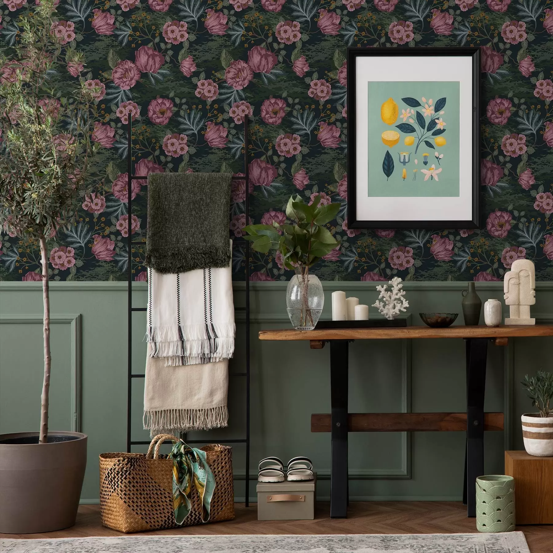 fotószőnyeg Sötét növényvilág rózsaszín virágokkal és levelekkel, mély háttérrel a00724