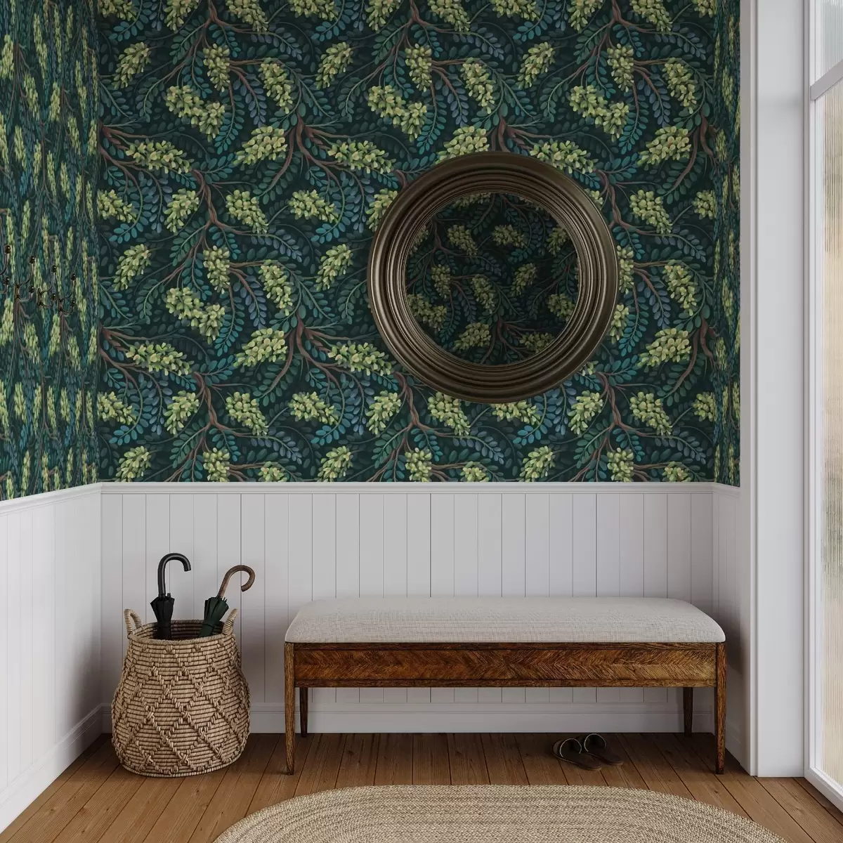 Háttérkép Zöldes virágzatú ágak sötét háttér előtt a00786