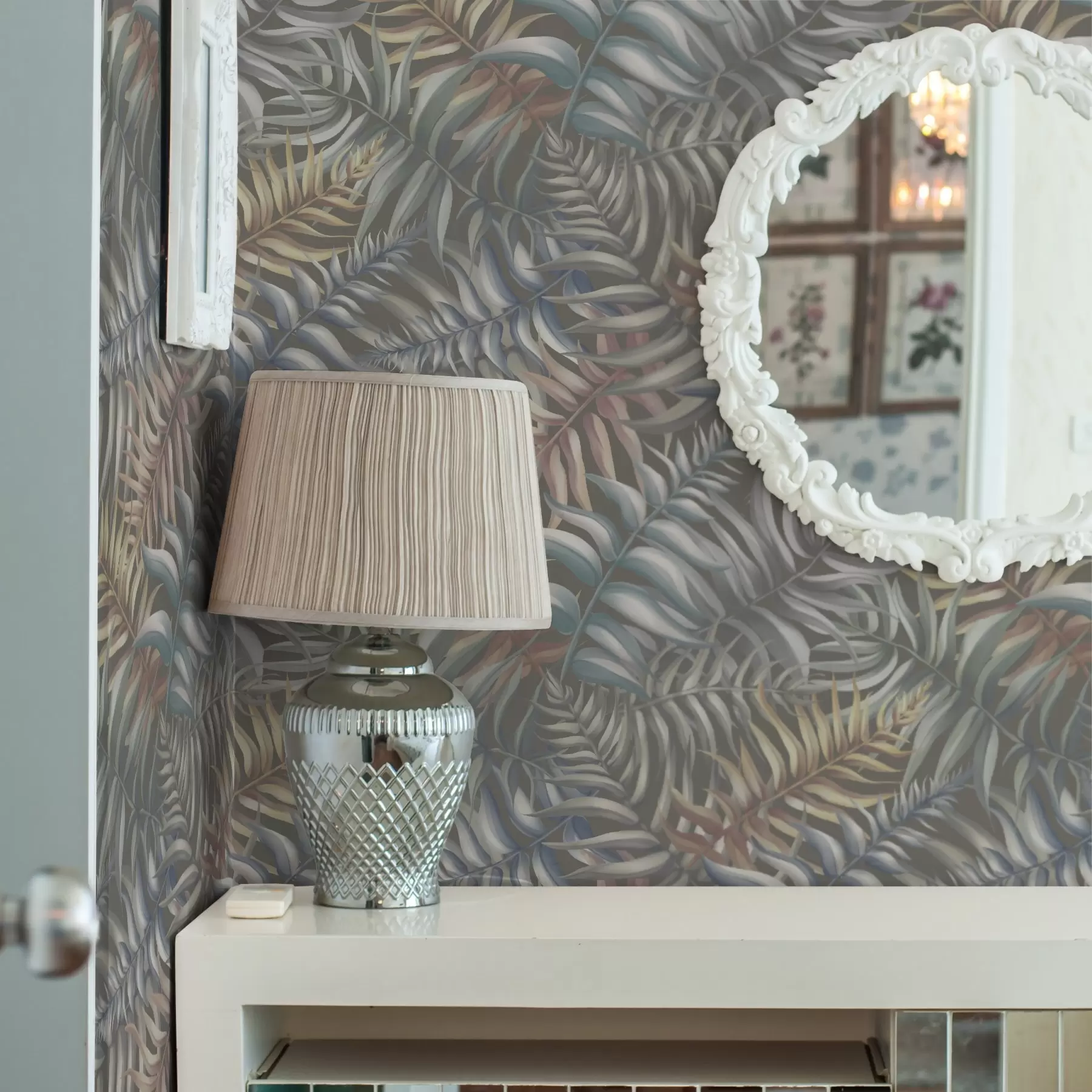 fotószőnyeg Réteges pálmalevelek tompított színekben a00789