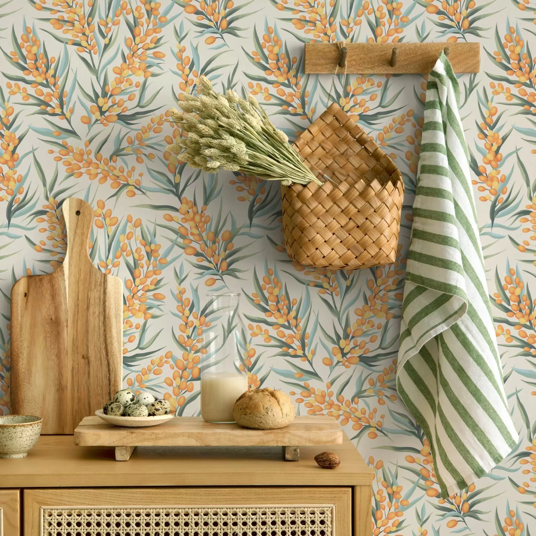 fotószőnyeg Narancssárga bogyós homoktövis ágak, világos háttérrel a00792