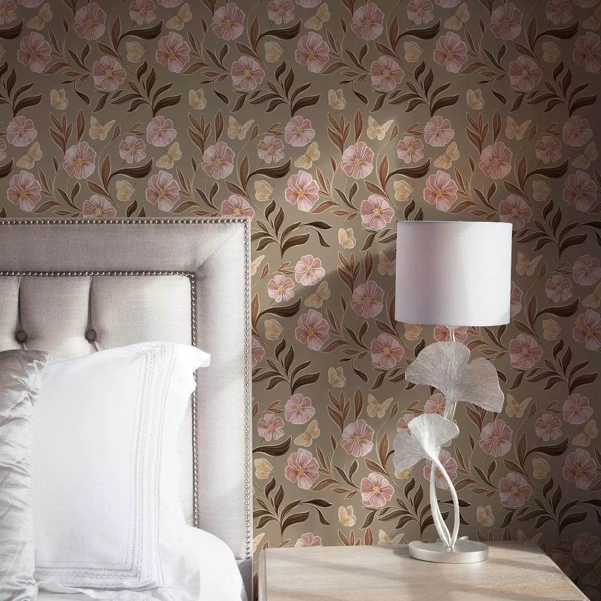 Háttérkép Rózsaszín virágok és pillangók olíva-bézs háttér előtt a00633v2