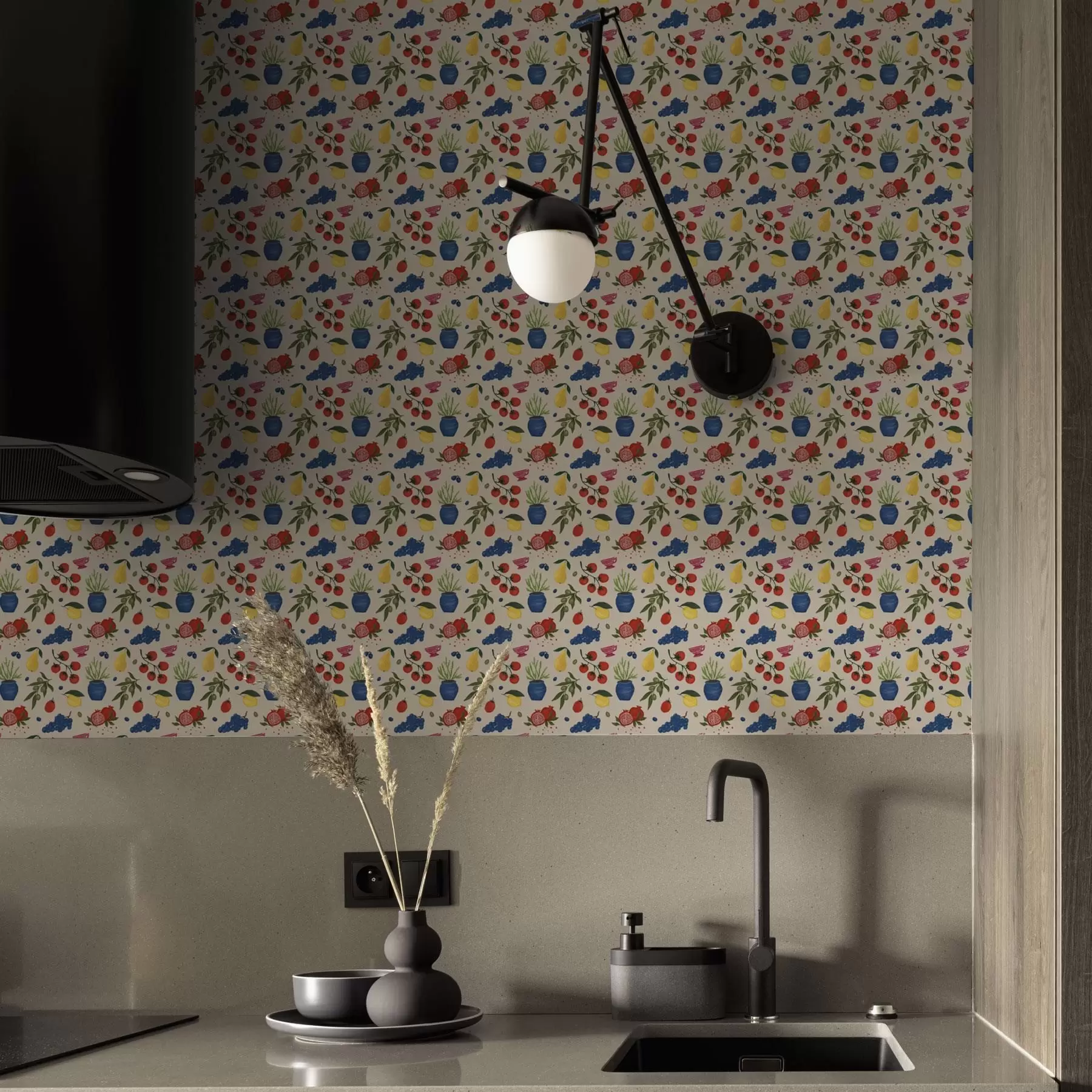 fotószőnyeg Élénk mintázat gyümölcsökkel, ágakkal és vázákkal a00637