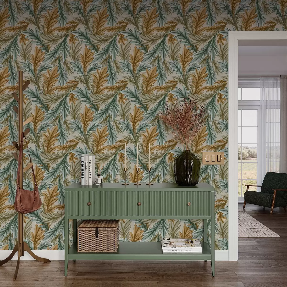 Háttérkép Dekoratív lombozat meleg okker és zöld színpalettában a00673