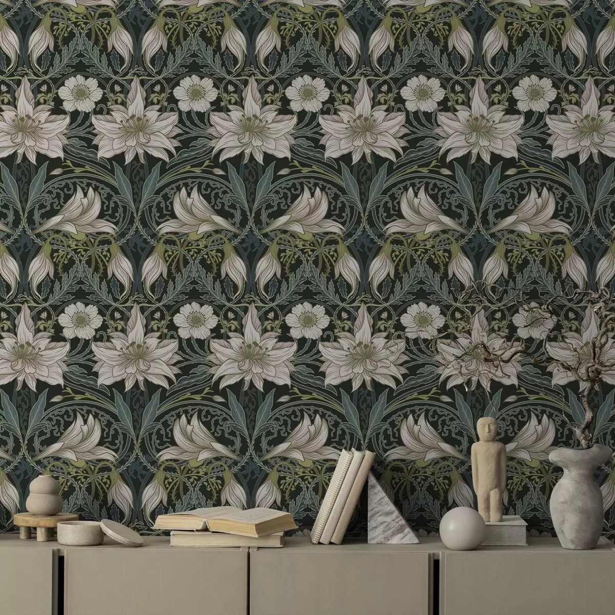 Háttérkép Sötét háttér előtt liliomokkal díszített szecessziós kompozíció a00696