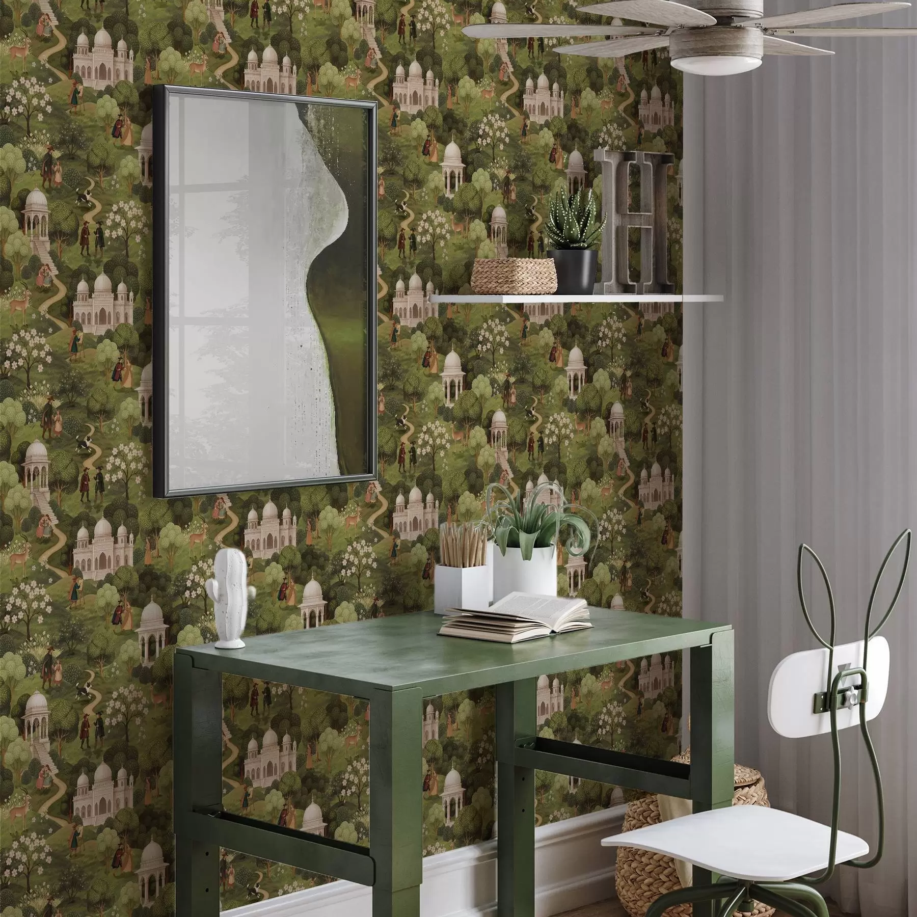 fotószőnyeg Parki jelenet fákkal és építészeti elemekkel, tájkép stílusban a00705