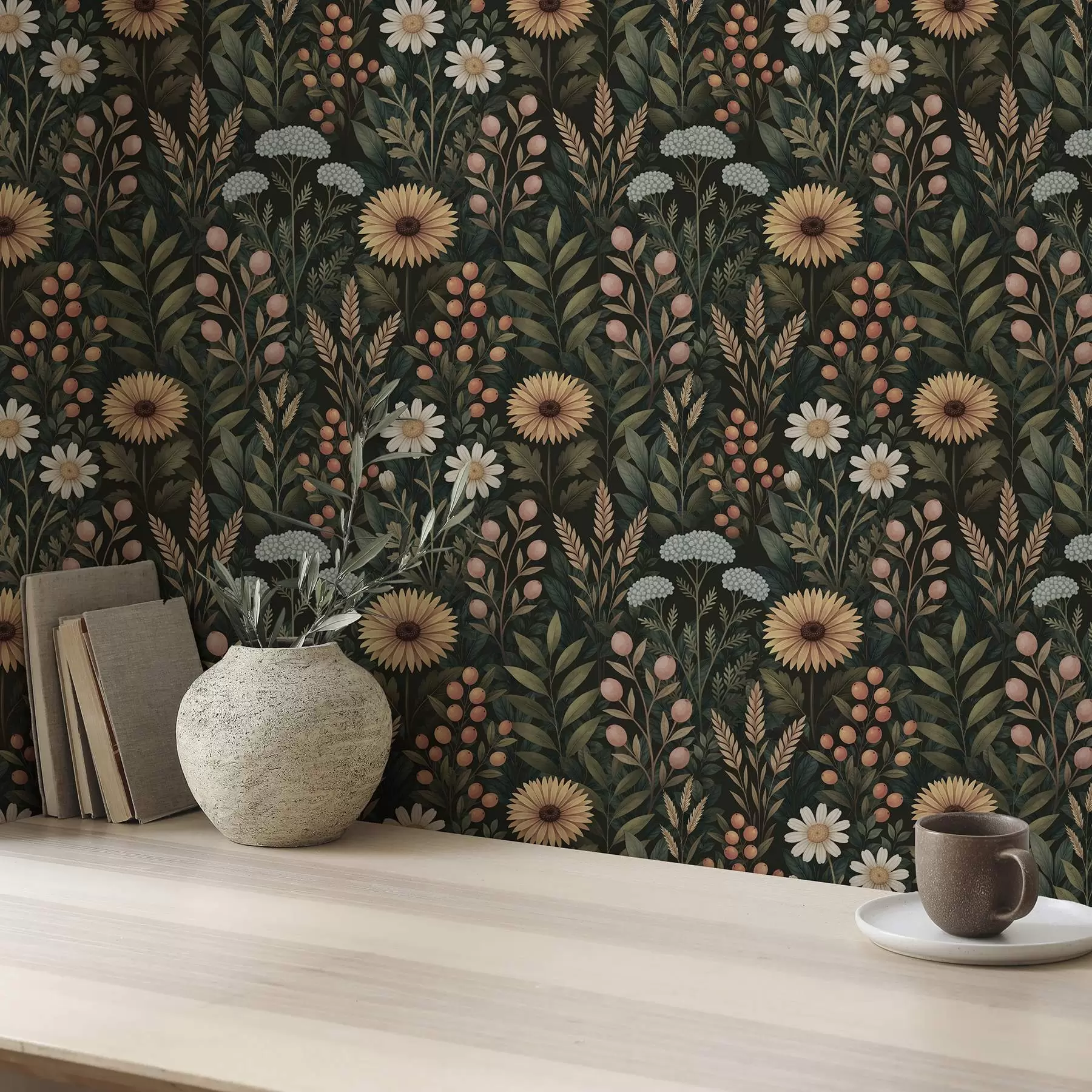 fotószőnyeg Vadvirágok és bogyók sötét háttér előtt, természetes díszítés a00707