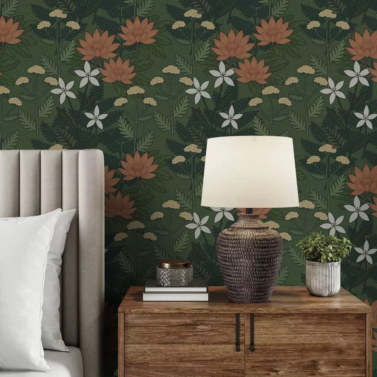 Háttérkép Nagy virágok zöld lombok között, dekoratív kompozíció a00708