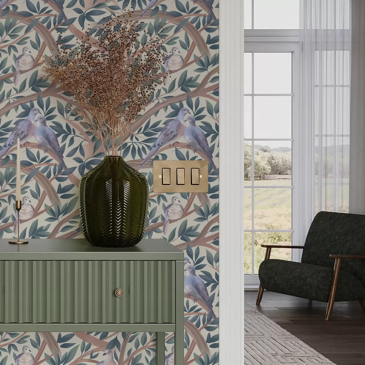 Háttérkép Galambok ágak és levelek között, lágy pasztell színekkel a00796