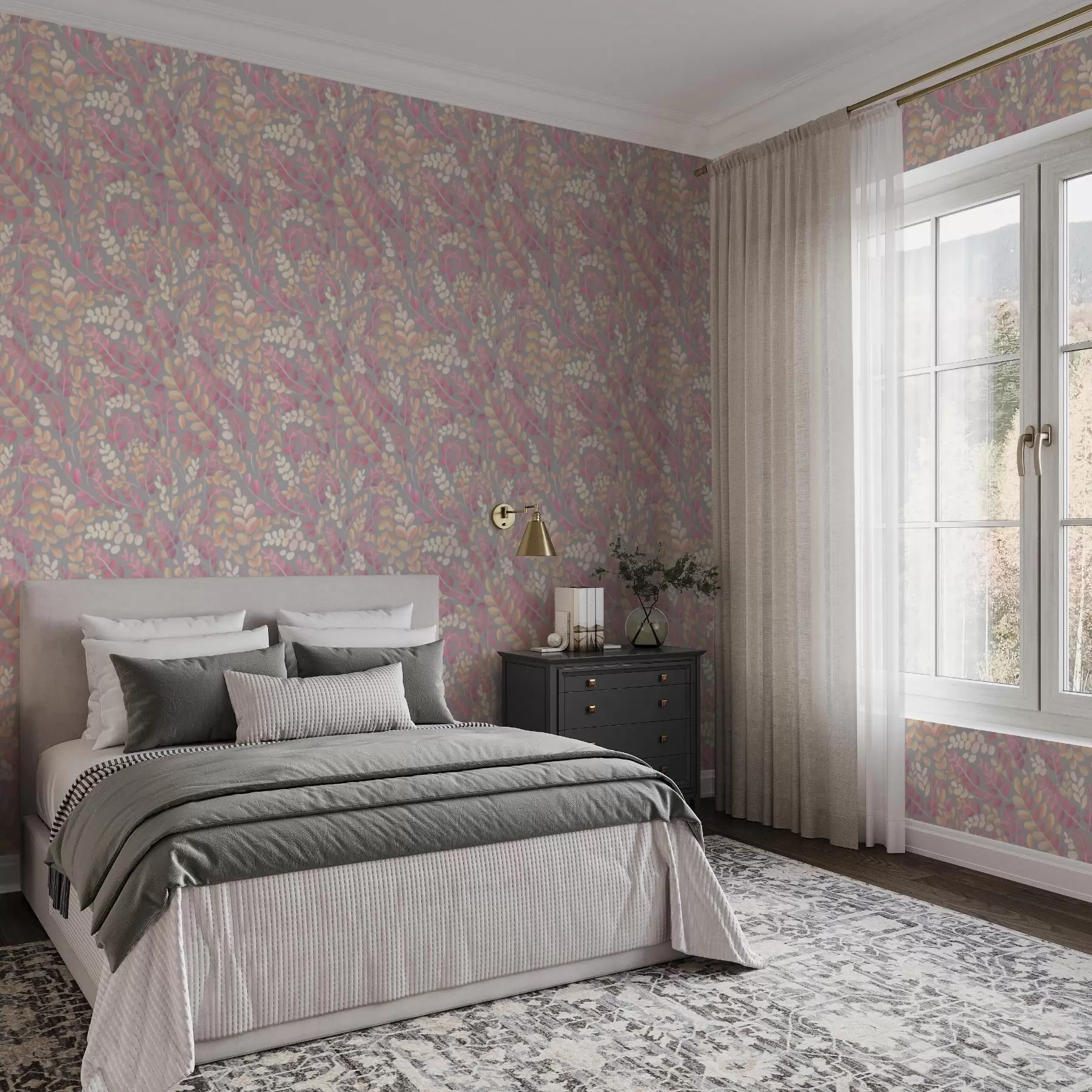 fotószőnyeg Pasztell ágak rózsaszín-barackos lombokkal szürke háttér előtt a00799v1