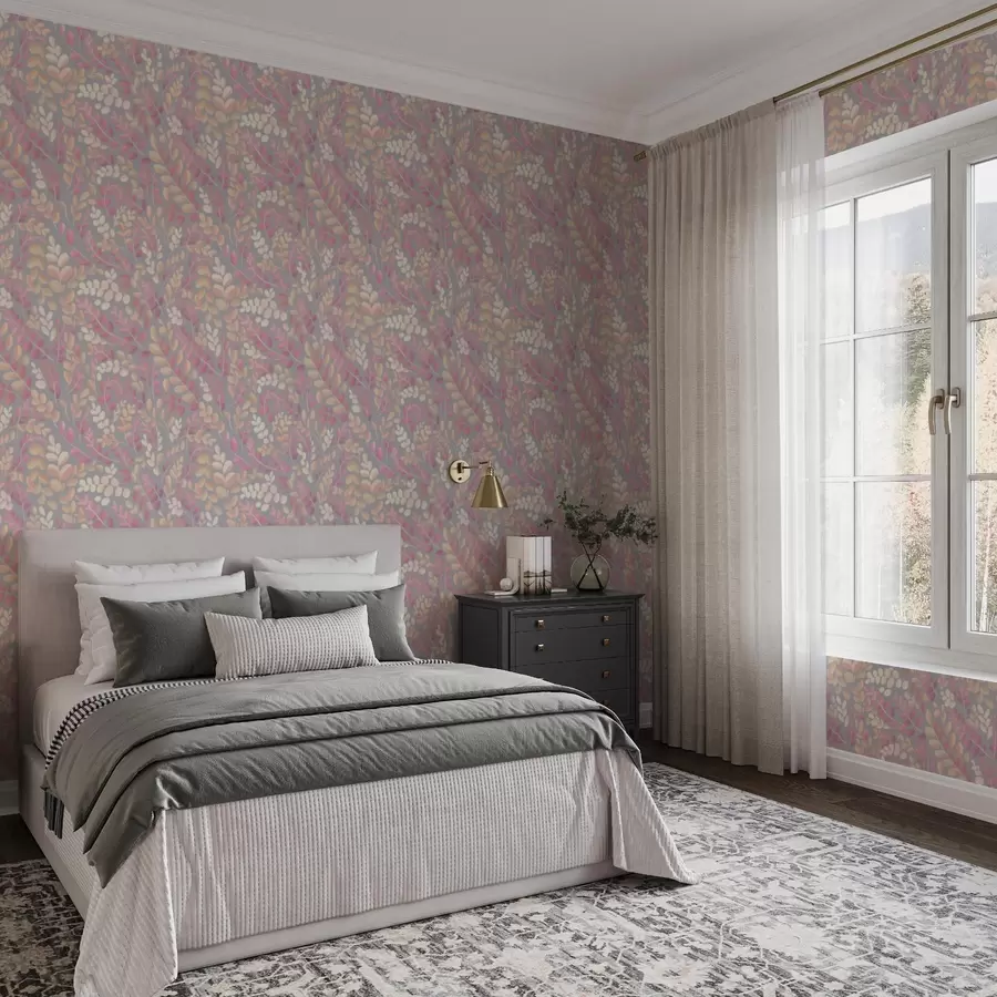 fotószőnyeg Pasztell ágak rózsaszín-barackos lombokkal szürke háttér előtt a00799v1