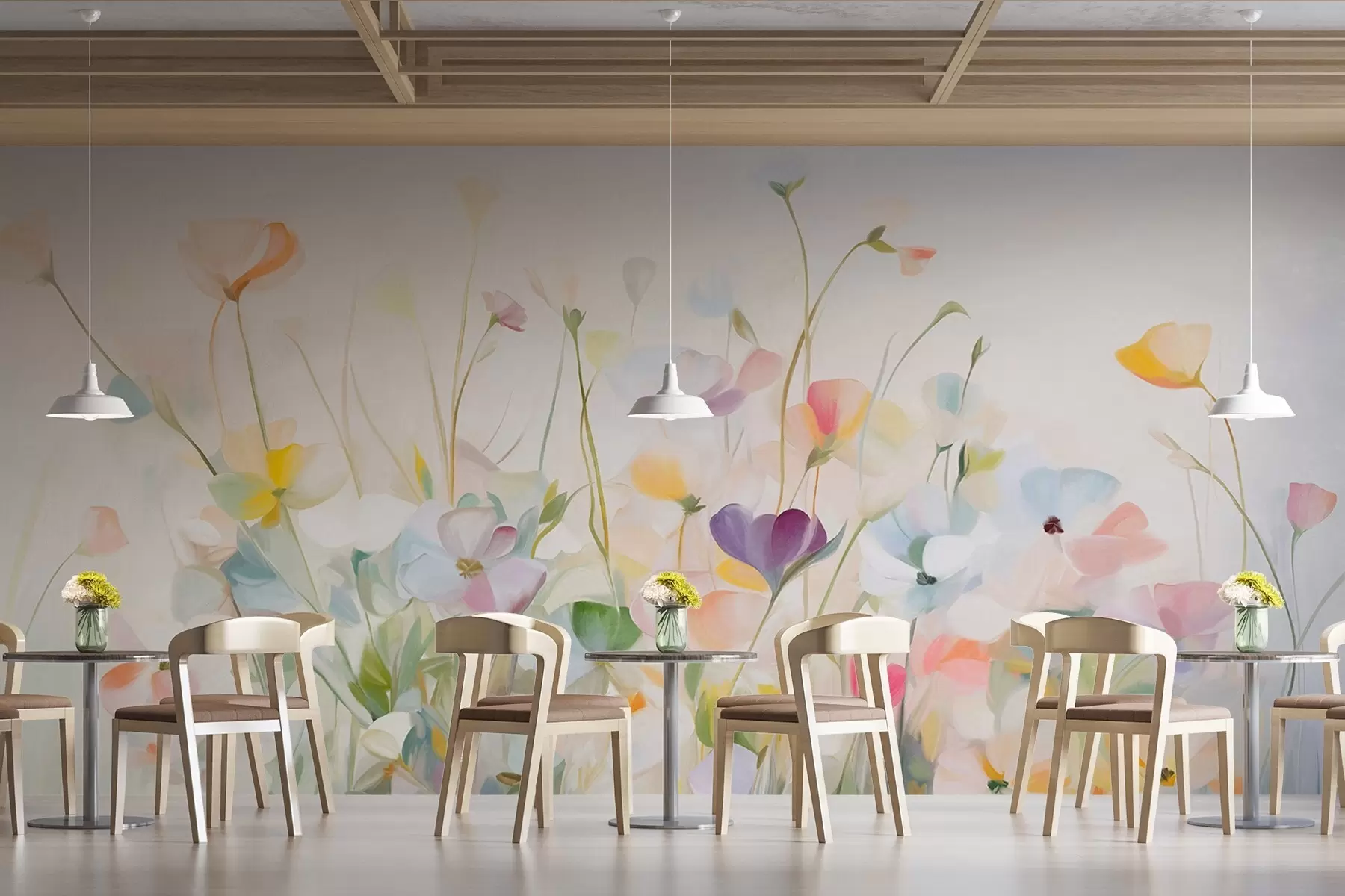 fotószőnyeg Absztrakt mező színes virágokkal, hosszú szárakkal és zöld levelekkel, texturált, pasztell, világos színekkel w09466