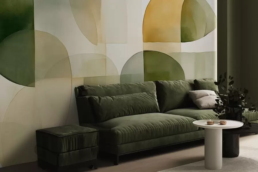 fotószőnyeg Absztrakt textúrájú formák zöld és sárga árnyalatokban, tompított tónusok, minimalista kompozíció, semleges háttér w09467