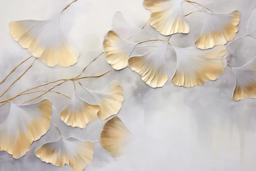fotószőnyeg Ginkgo biloba levelek sárga szegéllyel egy ágon, szürke textúrájú háttérrel, elegáns és minimalista dizájn w09472