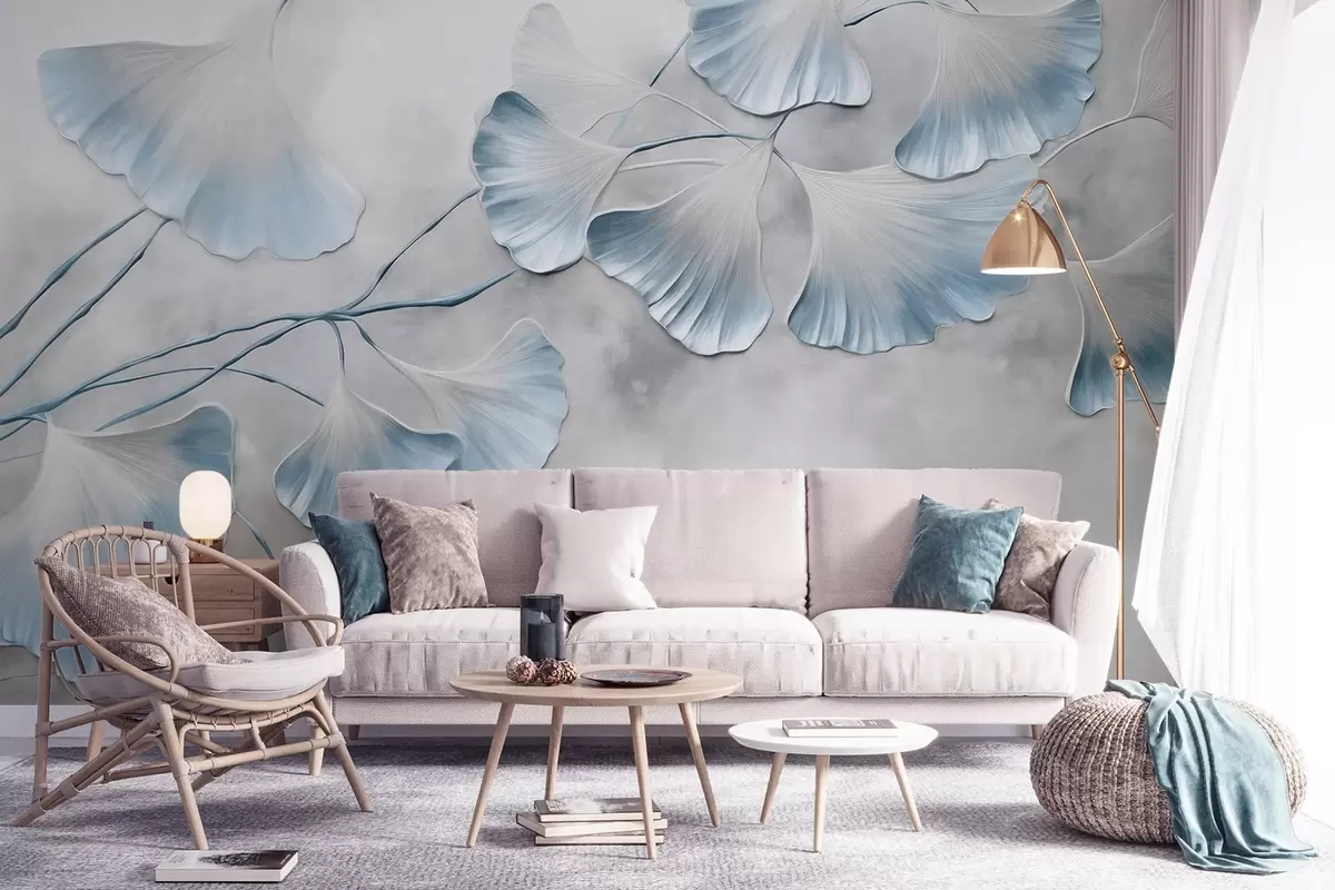 fotószőnyeg Ginkgo biloba levelek kék szegéllyel egy ágon, szürke textúrájú háttérrel, elegáns és minimalista dizájn w09472v1