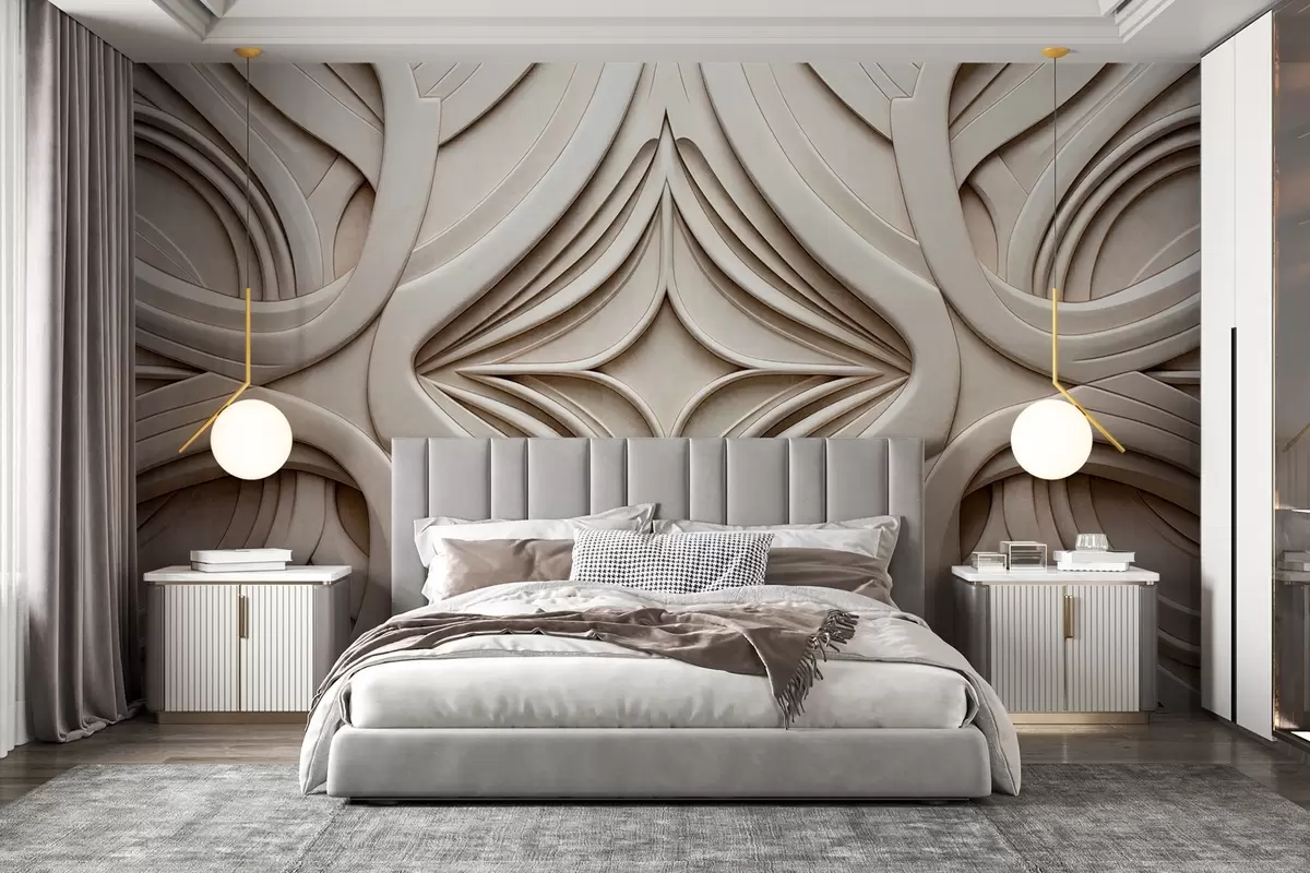 fotószőnyeg Absztrakt, szimmetrikus, texturált geometrikus nyomtatás, világos bézs szín, art deco stílus, bonyolult részletek w09473