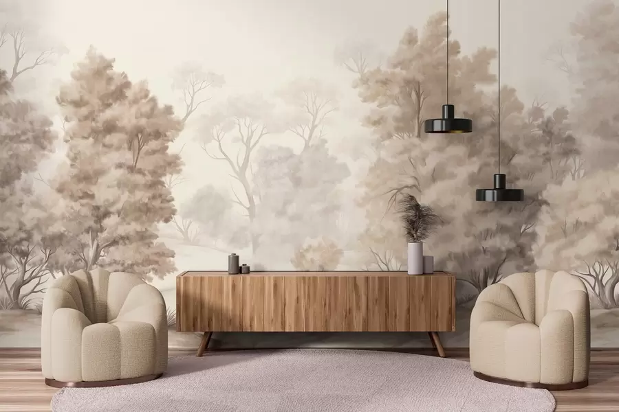 fotószőnyeg Texturált tájképfestmény, amely egy magas fákkal és fűvel borított erdőt ábrázol, tompított és lágy színekkel, nyugtató hangulatú jelenettel w09474