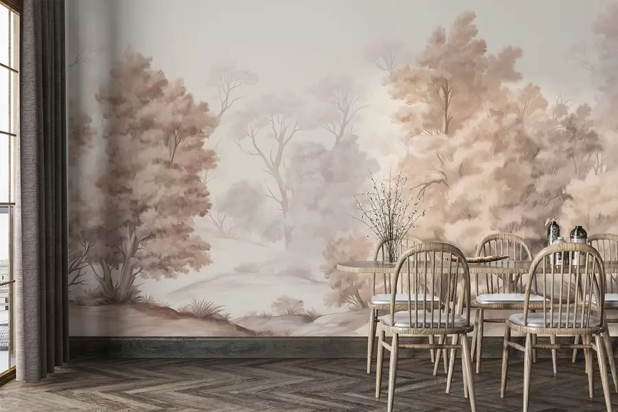 fotószőnyeg Texturált tájképfestmény, amely egy magas fákkal és fűvel borított erdőt ábrázol, tompított és lágy színekkel, nyugtató hangulatú jelenettel w09474