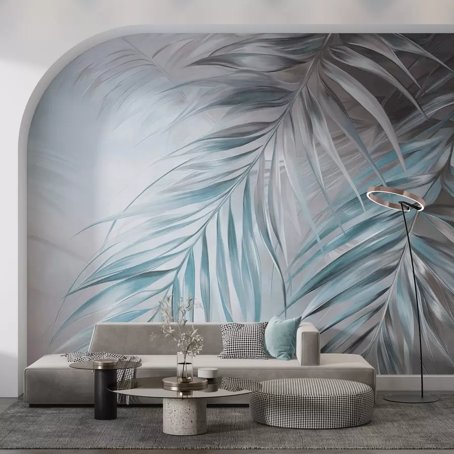 fotószőnyeg Szürke és kék árnyalatú pálmalevelek, világos textúrájú háttér lágy színekkel, elegáns trópusi stílus w09475v1