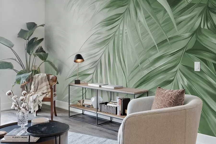 fotószőnyeg Zöld árnyalatú pálmalevelek, világos textúrájú háttér lágy színekkel, elegáns trópusi stílus w09475v2