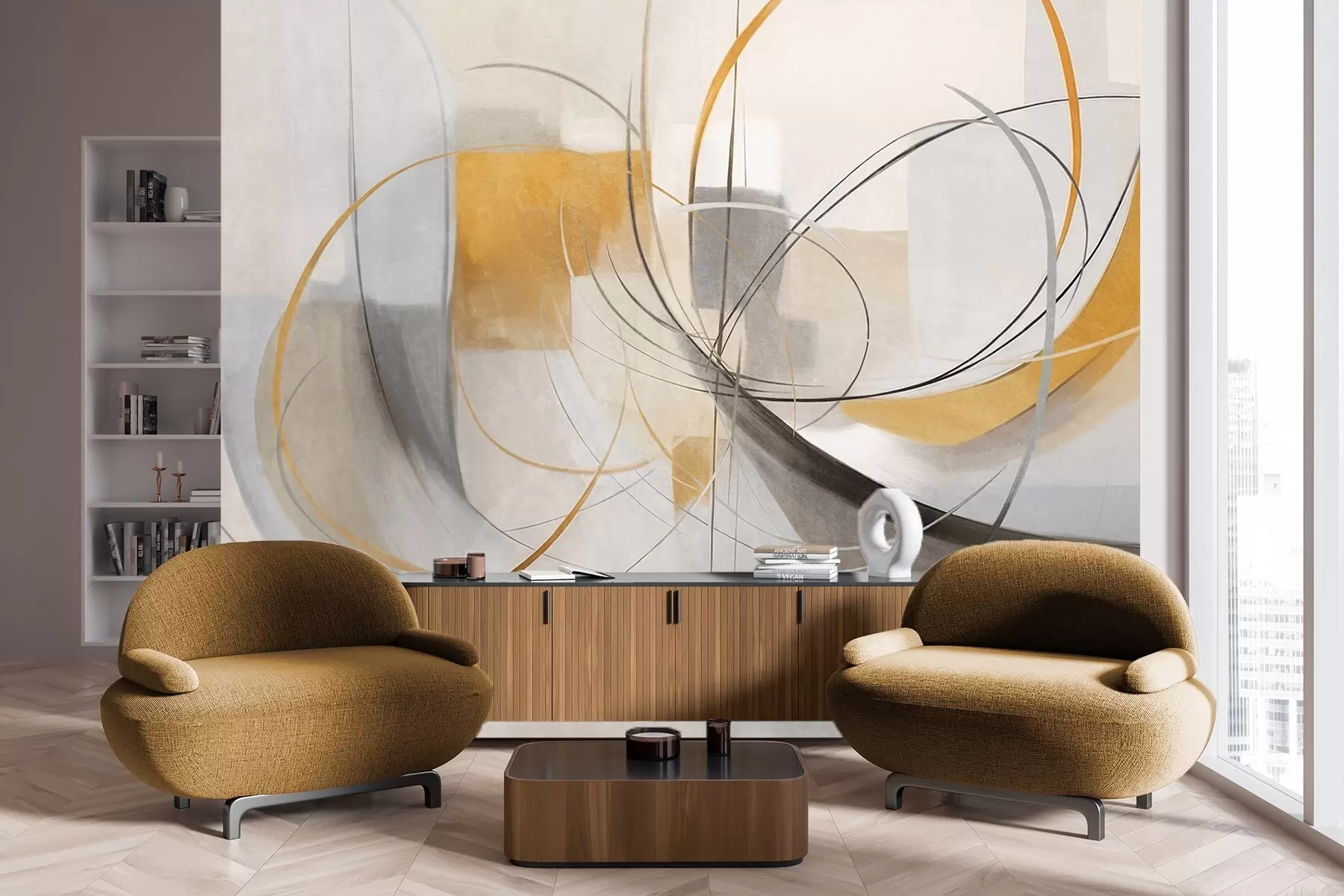 fotószőnyeg Absztrakt textúrájú modern festészeti stílus ívelt vonalakkal és geometrikus formákkal szürke, fehér és narancssárga árnyalatokban w09476