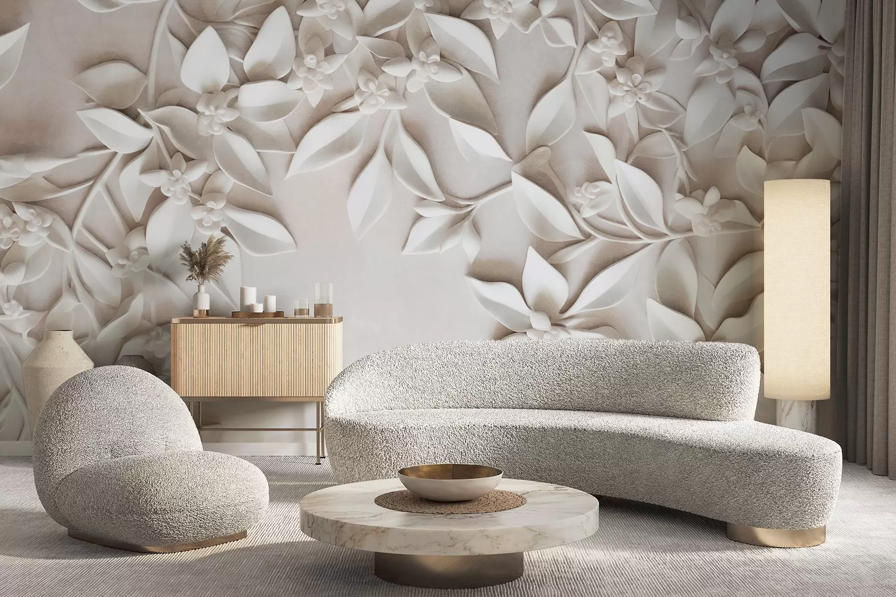 fotószőnyeg Fehér textúrájú virágok és levelek, virágkompozíció, elegáns dizájn, minimalista stílus, dekoratív művészet w09479