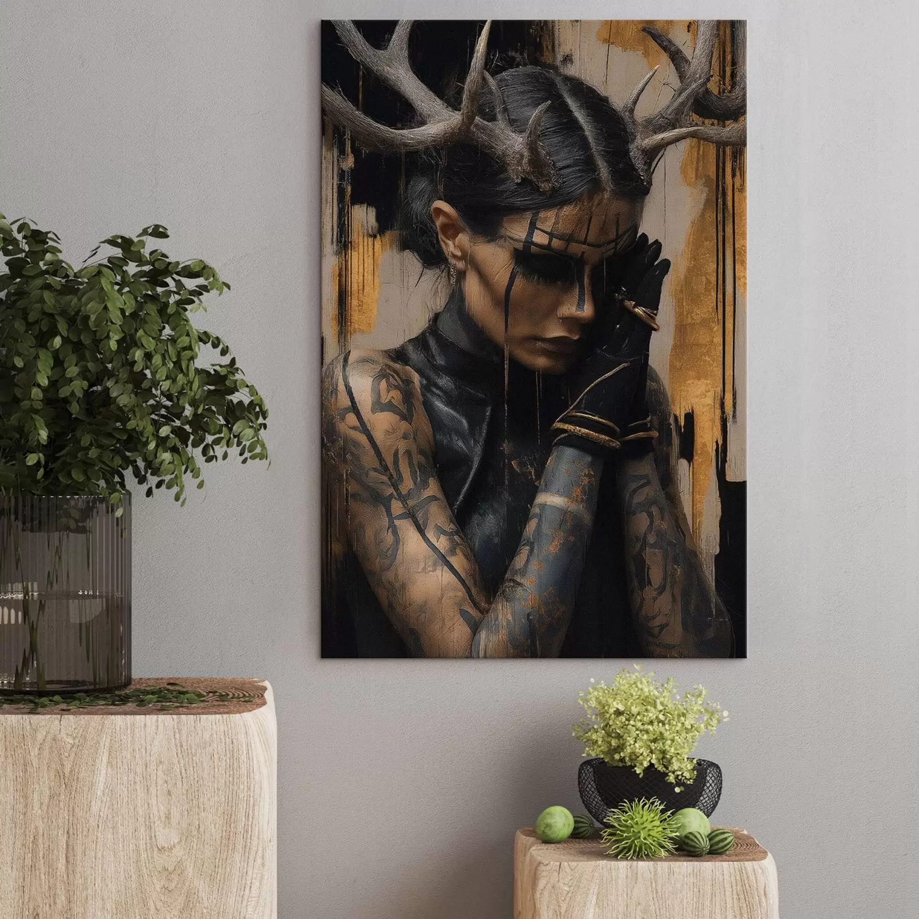 fotótapéta Sötét megjelenésű, szarvakkal rendelkező nő, fekete arcvonásokkal s46144