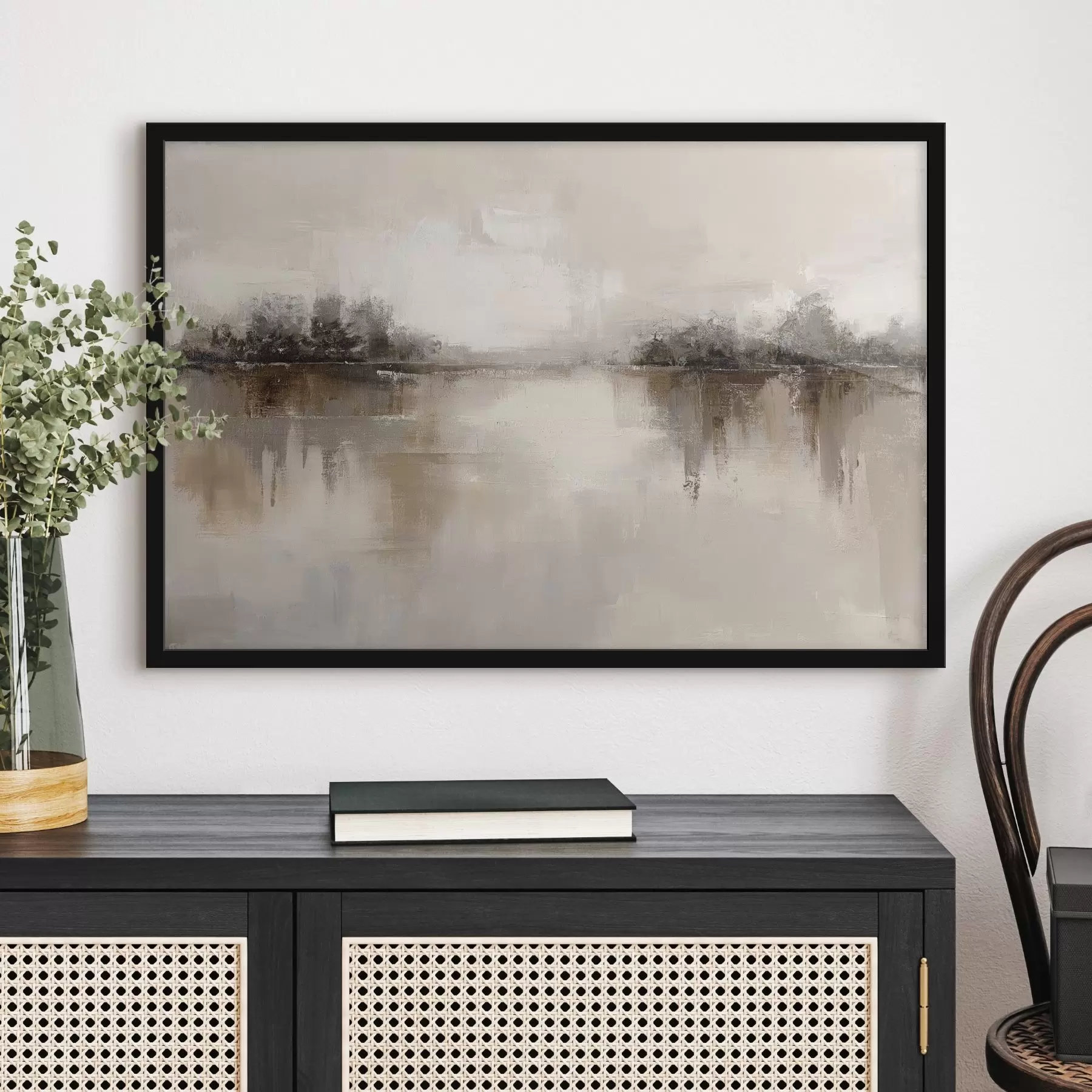 fotószőnyeg Lágy táj, tóval, meleg bézs-szürke árnyalatokban f46158