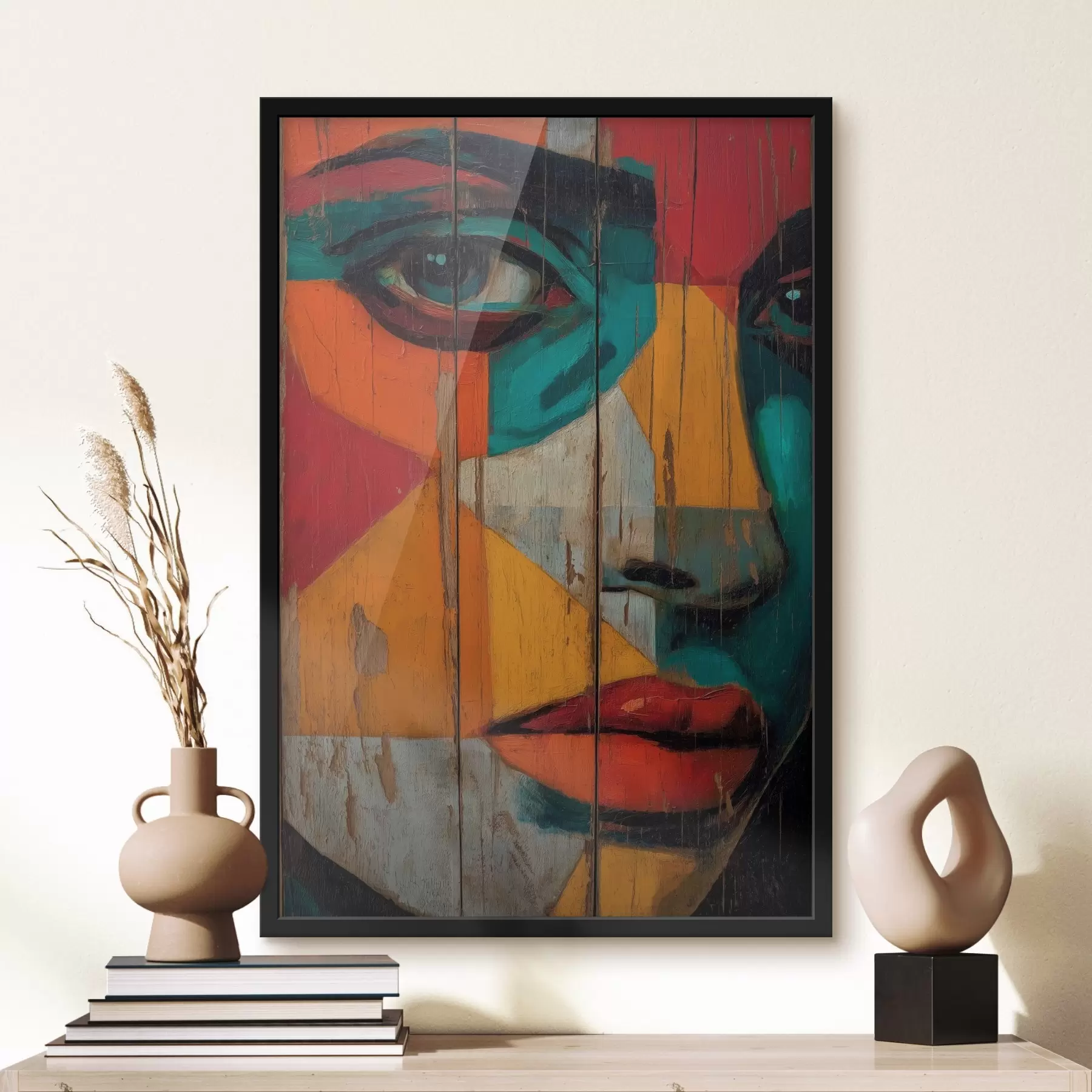 fotószőnyeg Világos geometrikus arcportré fa táblákon f46165