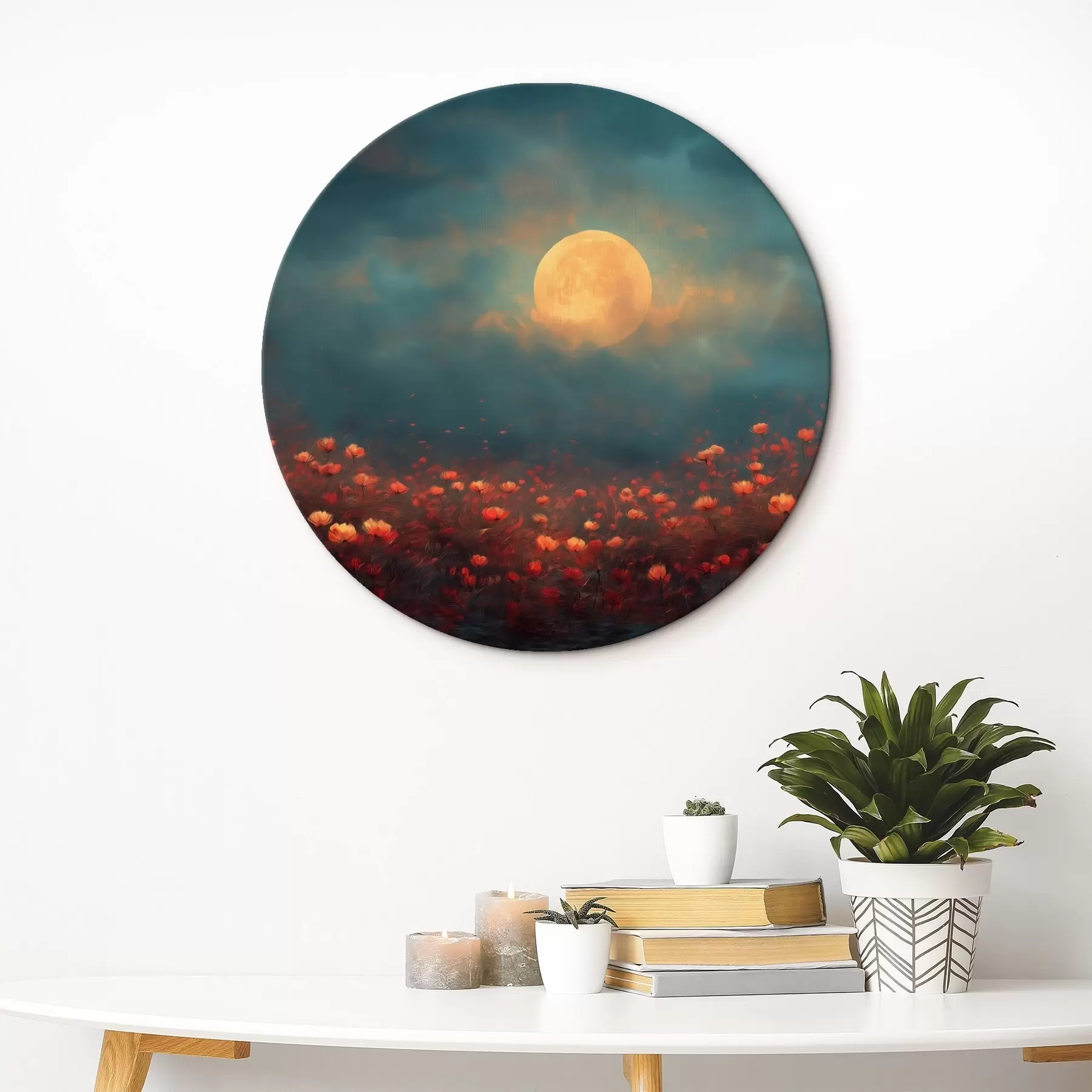 fotótapéta Hold a ködös esti égbolton, vörös virágok mezője felett r46167