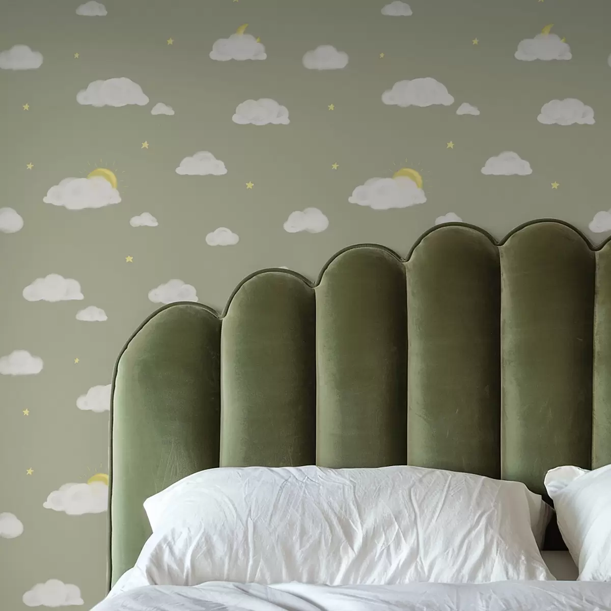 Háttérkép Puha felhők, csillagok és nap zöldesszürke háttér előtt a00652v1