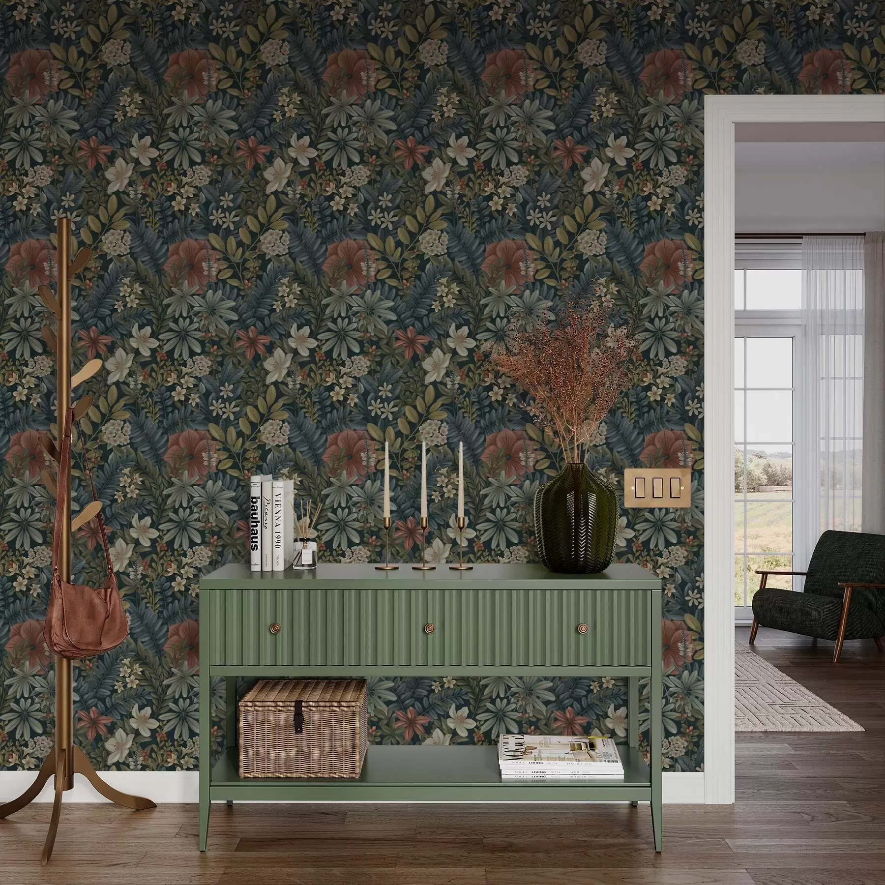 fotószőnyeg Sötét háttér, sűrű virágokkal és levelekkel, meleg tónusokban a00678