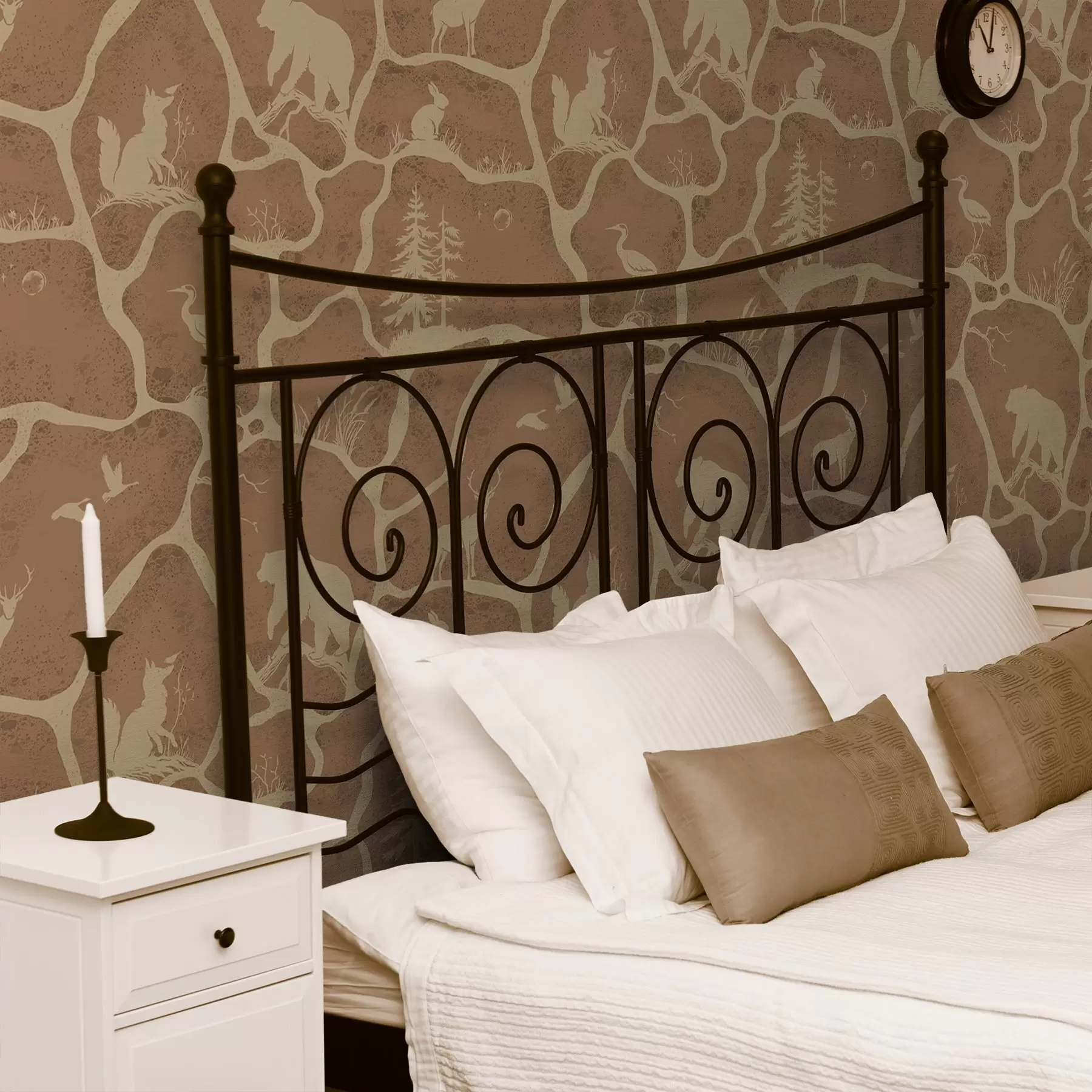 fotószőnyeg Állatok és fák sziluettjei természetes tájban, kő textúrával a00727