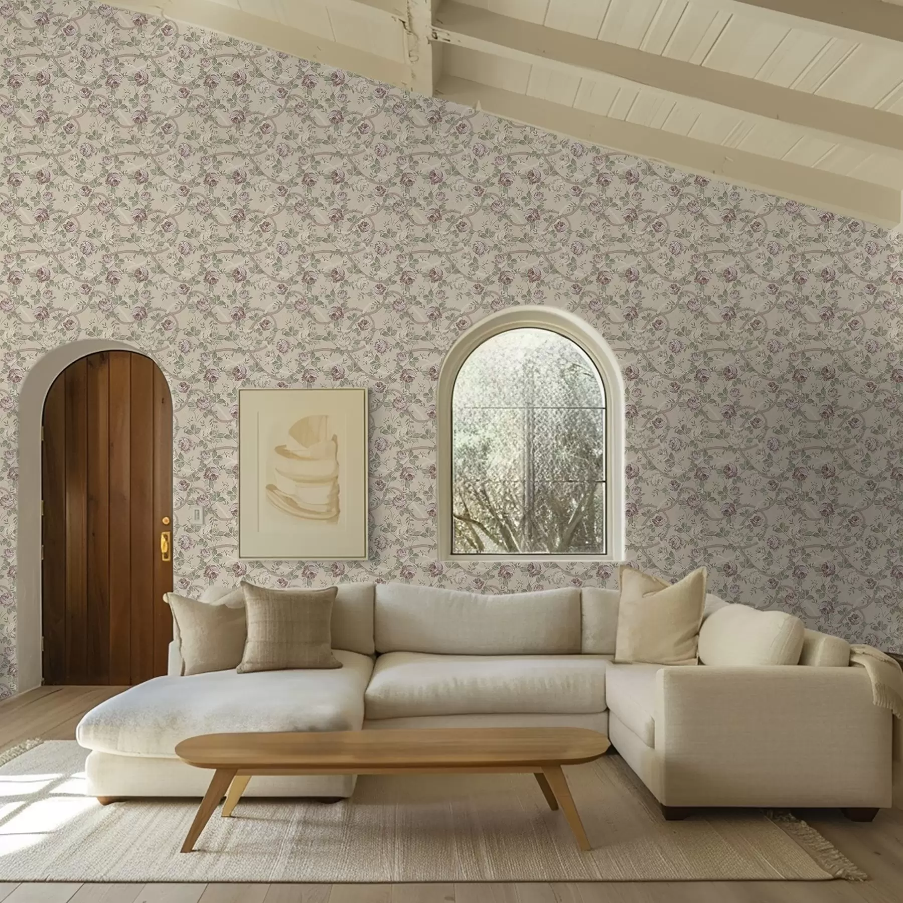 fotószőnyeg Rózsák zöld levelekkel meleg bézs alapon a00729