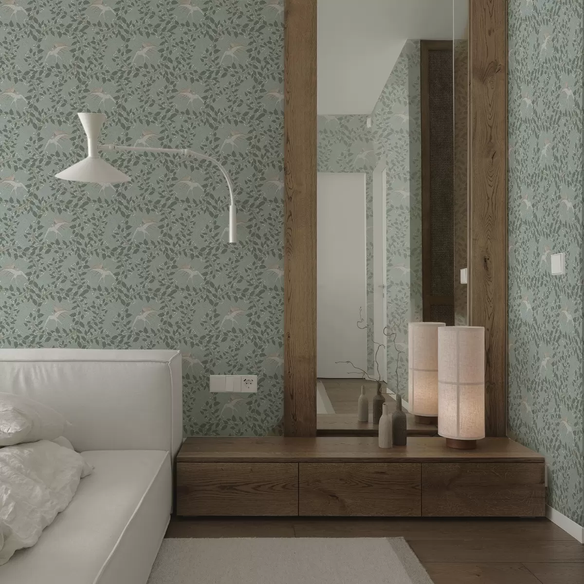 Háttérkép Fehér bogyós ágak és madarak zöld háttér előtt a00731