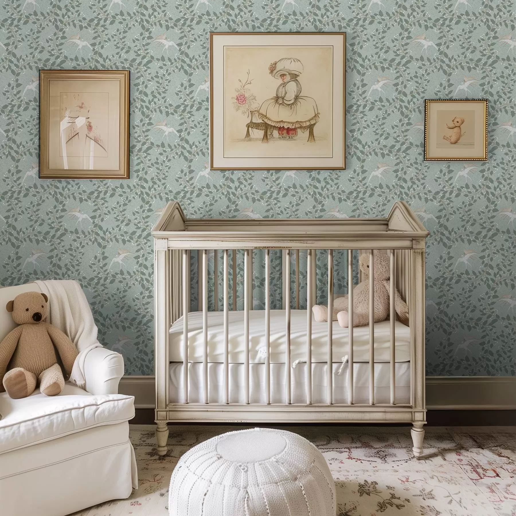 fotószőnyeg Fehér bogyós ágak és madarak zöld háttér előtt a00731